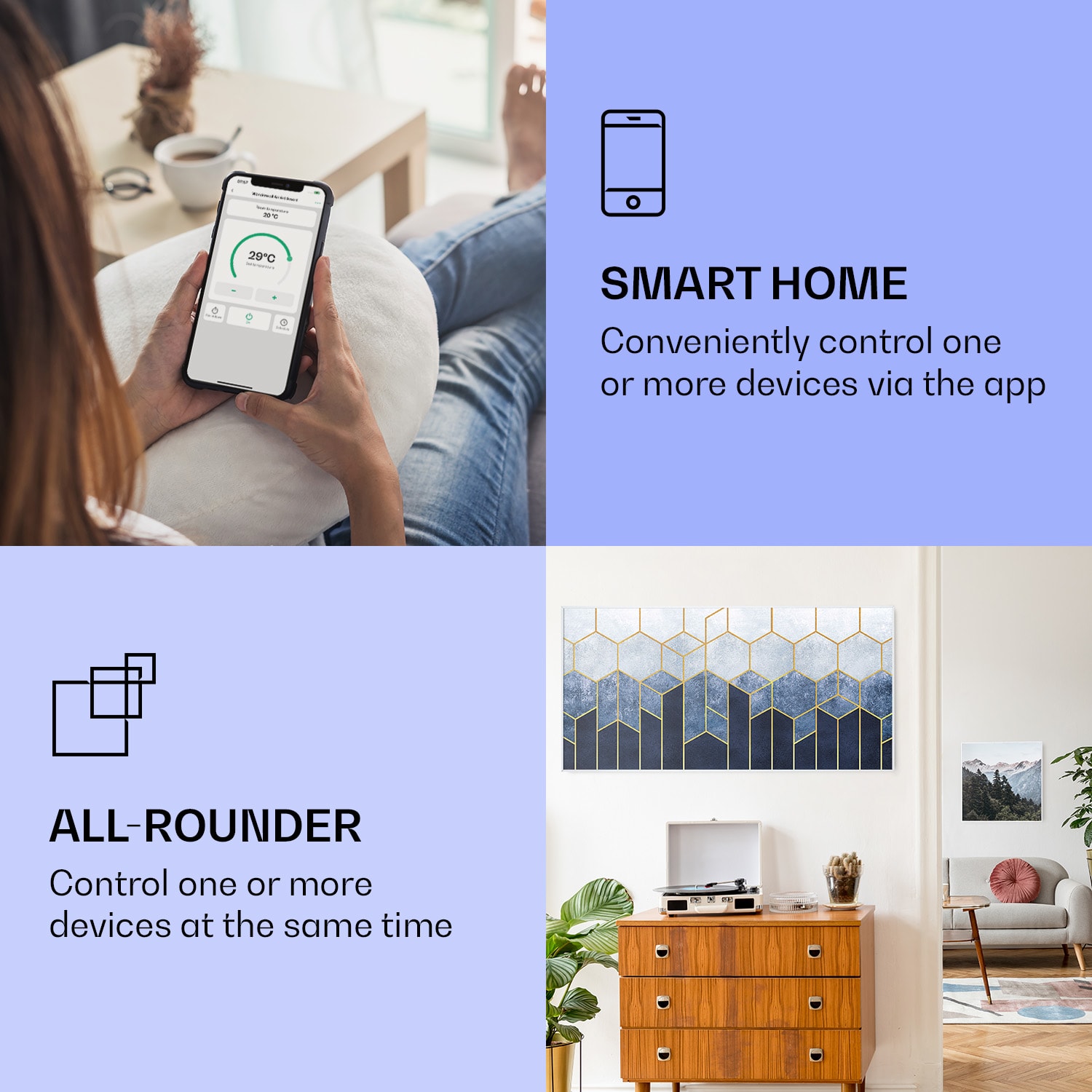 Klarstein Wonderwall Air Art Smart, infračervený ohrievač, 120 x 60 cm, 700 W, modrá čiara – Obrázok 2