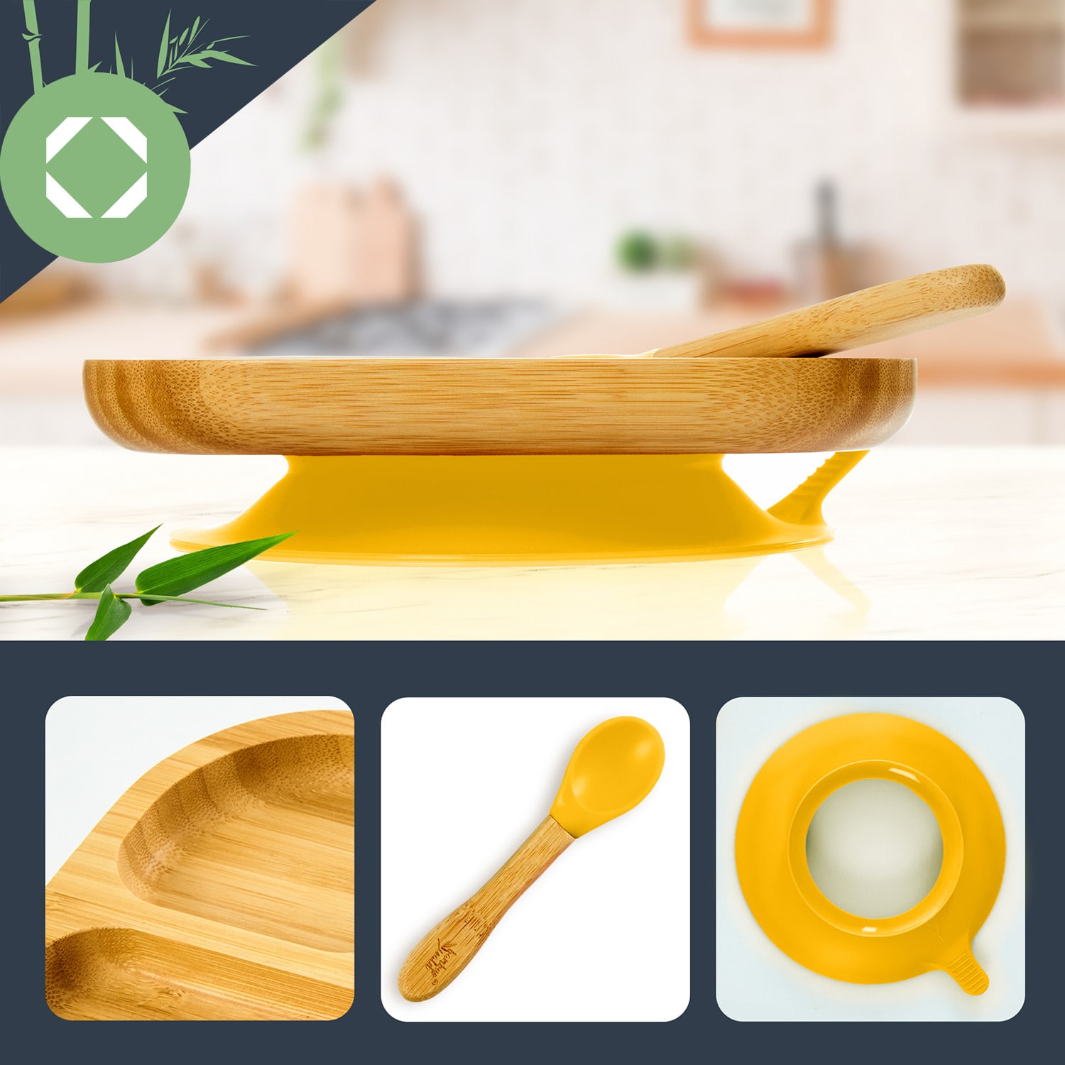 Klarstein Detská jedálenská súprava, s bambusovým tanierom a lyžicou, 250 ml, vrátane prísavky, 18 × 18 cm – Obrázok 2