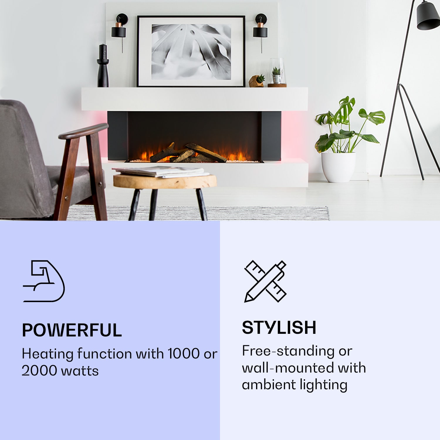 Klarstein Studio Light & Fire 1 Smart, krb, 1000/2000 W, MDF, WiFi Control – Obrázok 3