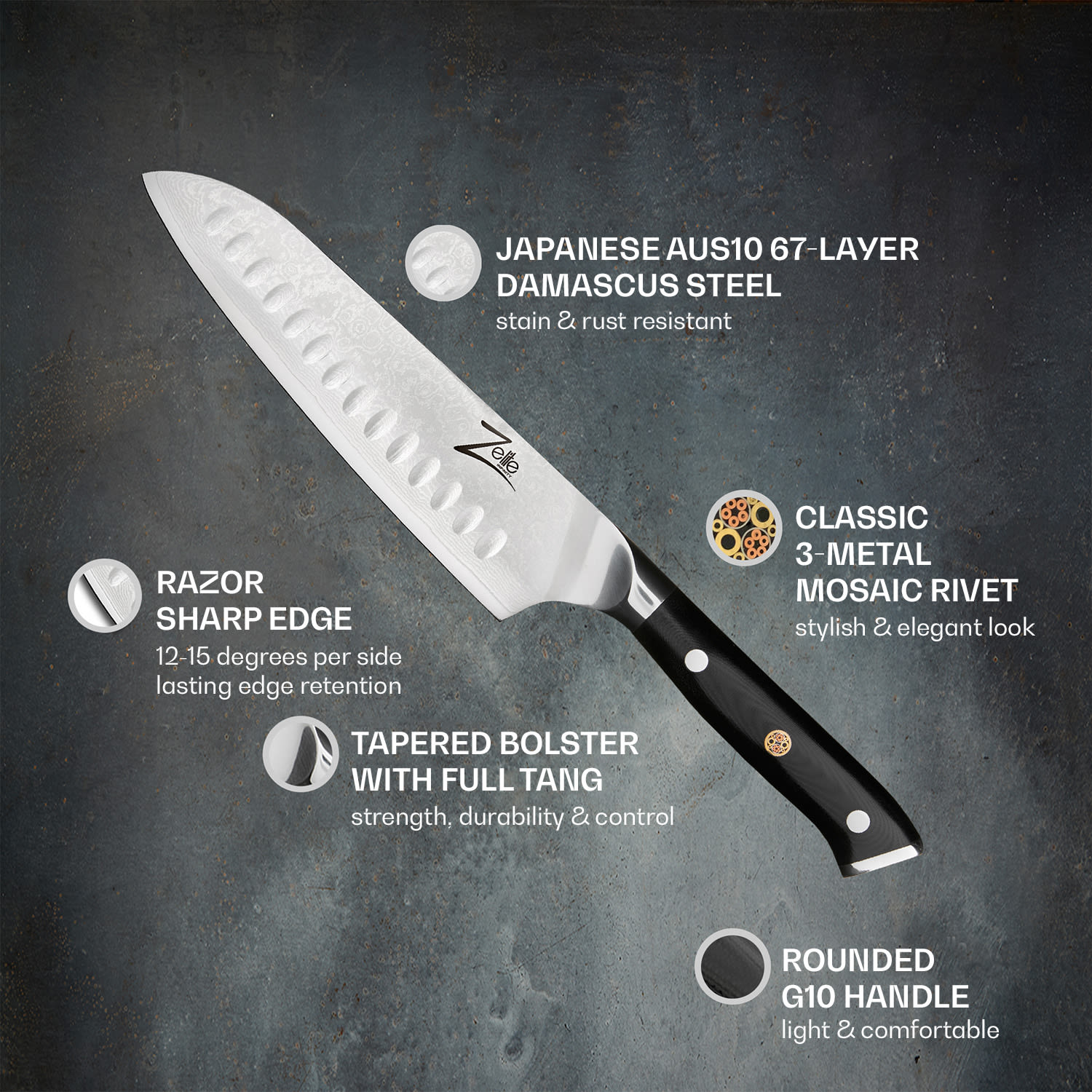 Zelite Infinity by Klarstein Alpha-Royal Japanese Series, 7" nôž santoku, damašková oceľ – Obrázok 2