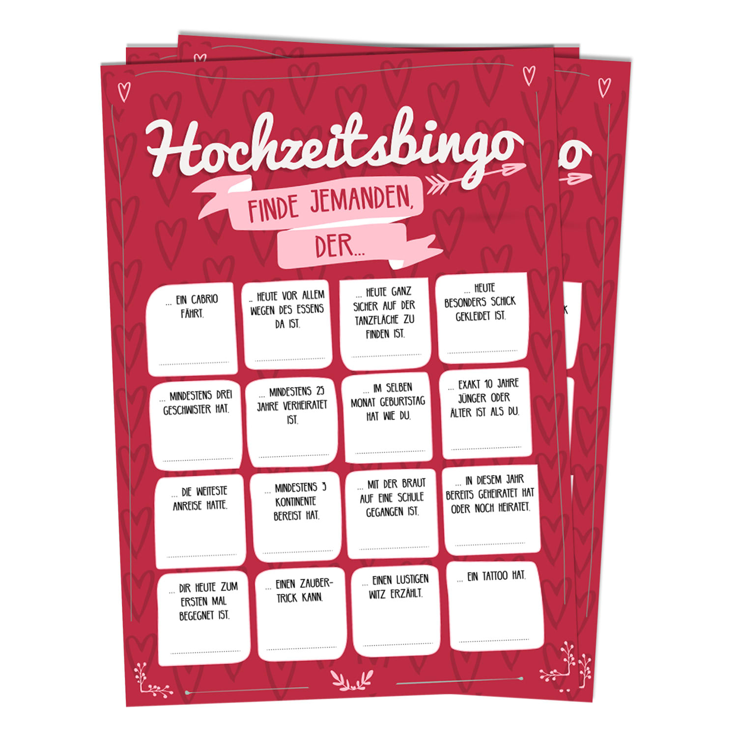 Spielehelden Svadobné bingo 16 otázok o vlastnostiach 50 ks. Dizajn srdcaDIN A5 – Obrázok 3