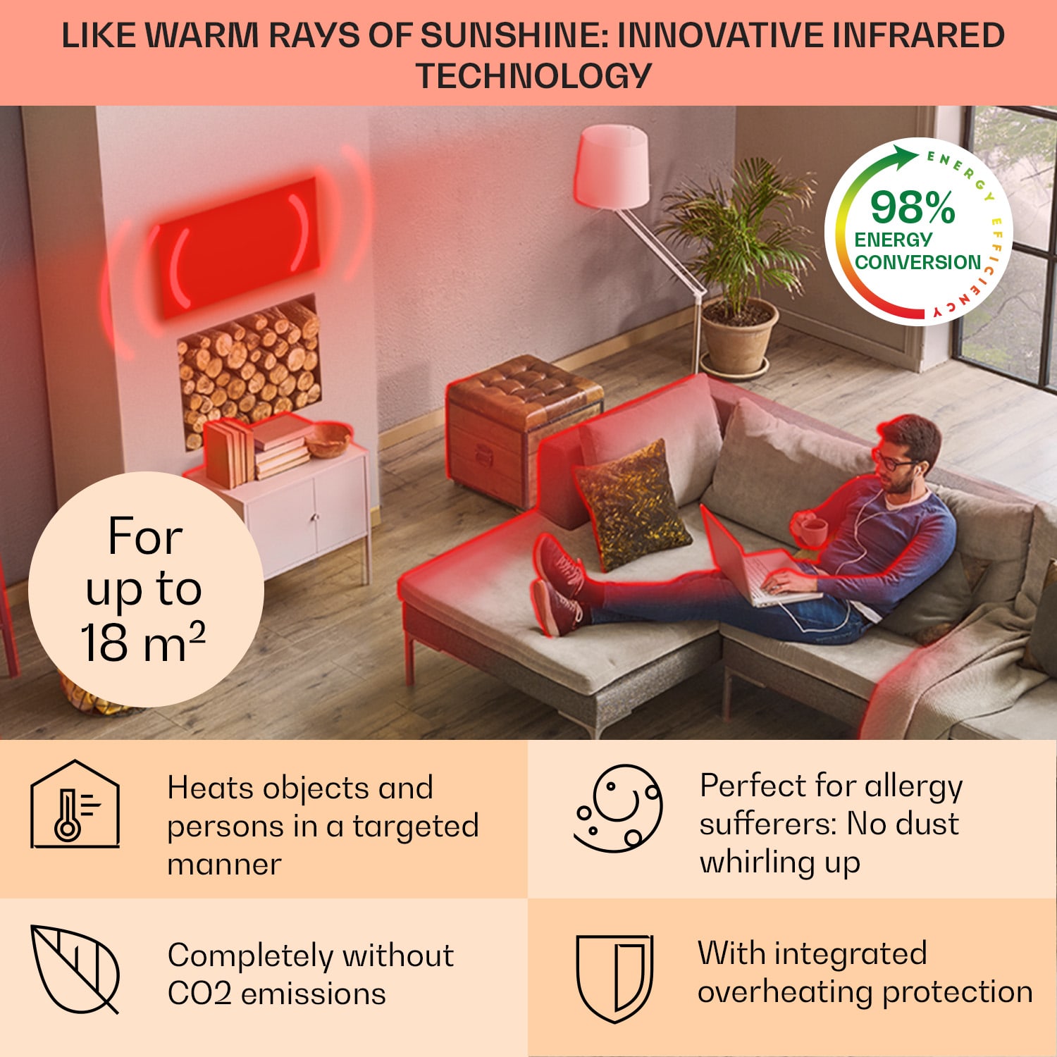 Klarstein La Palma 900 smart, infračervený ohrievač, 40 x 160 cm, 900 W, zrkadlový stojan – Obrázok 4