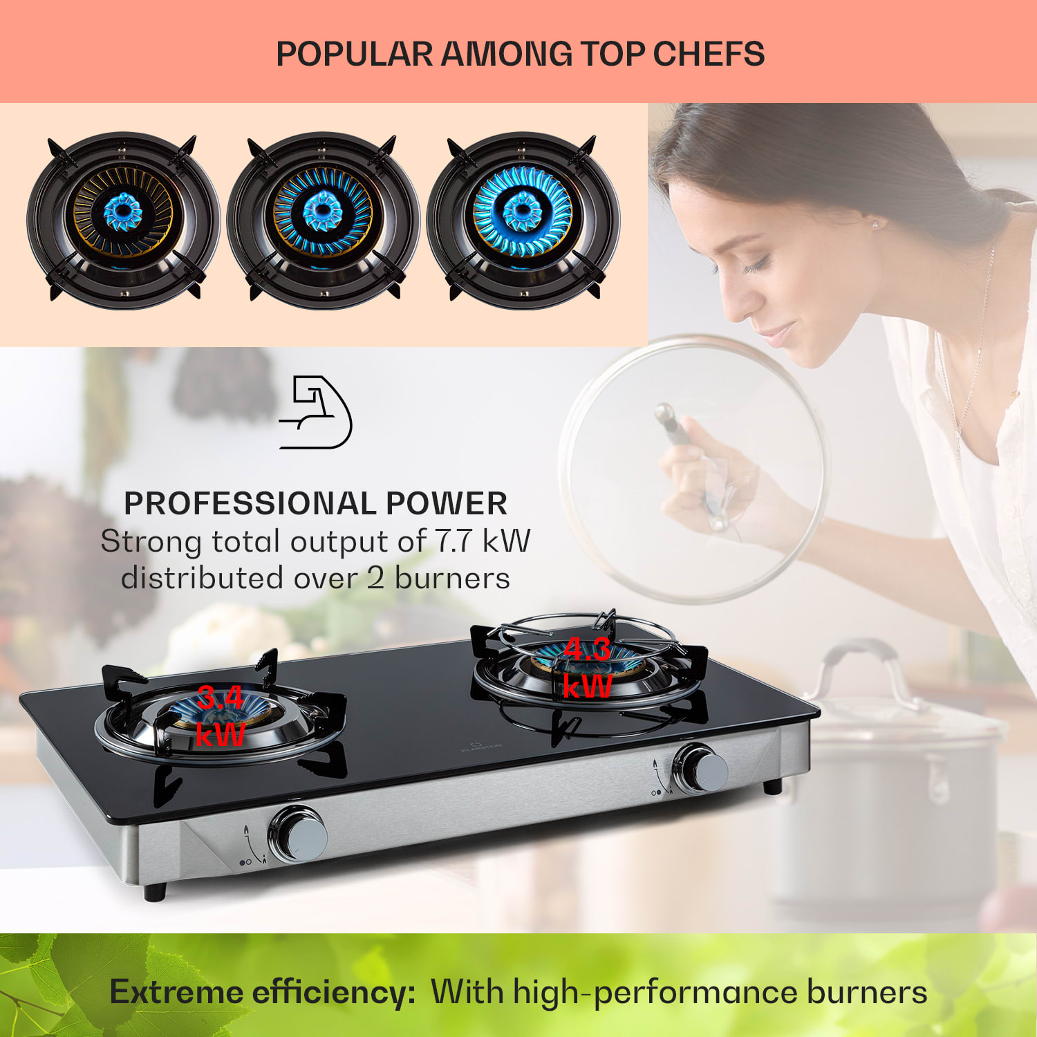 Klarstein Barzona 2, kempingový varič, 2 horáky, 3,4 kW a 4,3 kW, sklenená doska, kryt z nehrdzavejúcej ocele – Obrázok 3