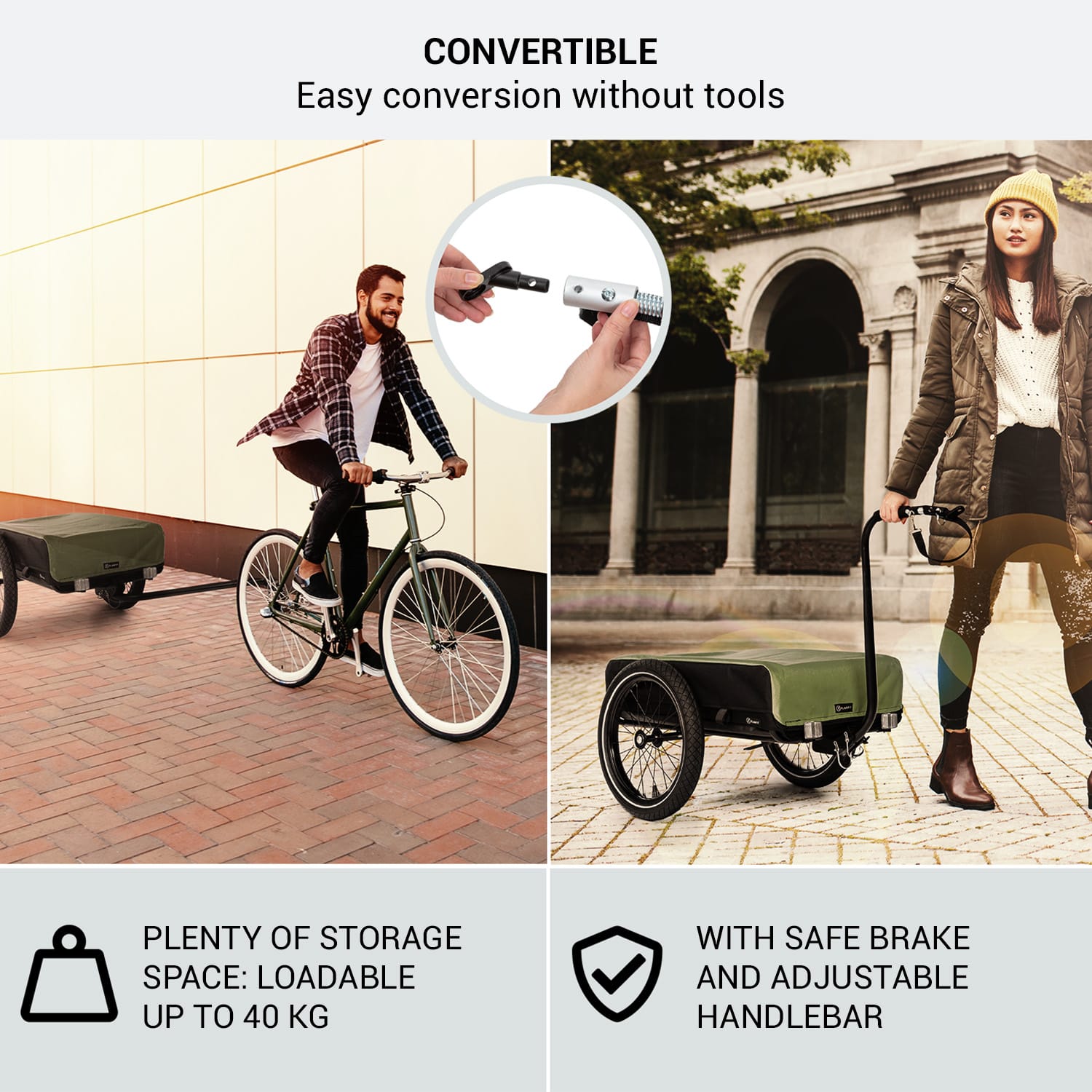 KLARFIT Companion, nákladný príves, 40kg/50litrov, príves na bicykle, ručný vozík, čierny – Obrázok 2