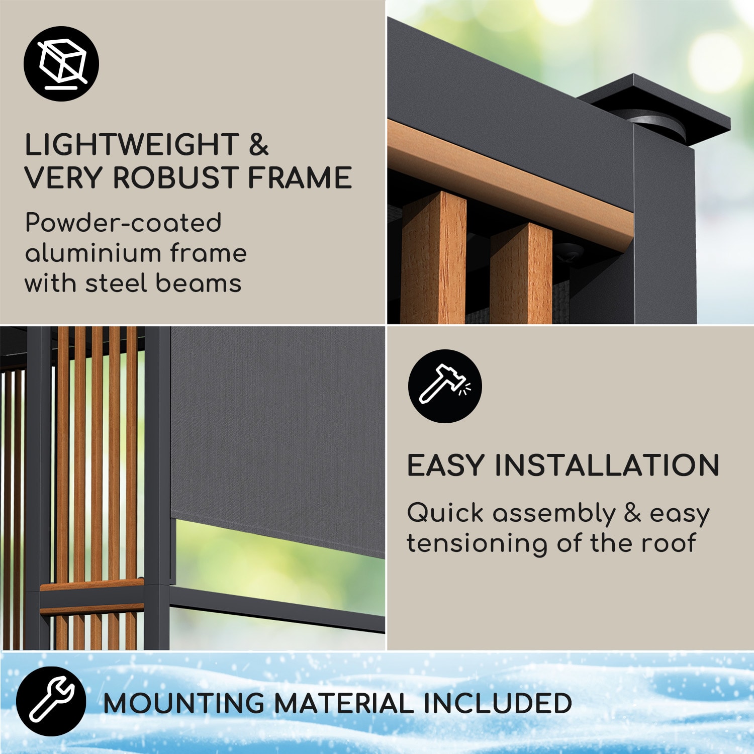 Blumfeldt Valence, altánok, 3 x 3 m, UV50+, vodoodpudivý, solárne LED osvetlenie, solárny panel – Obrázok 5