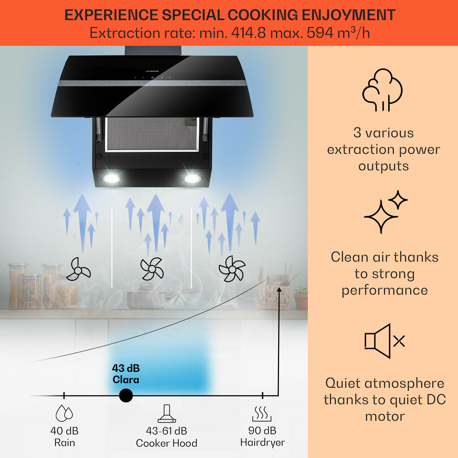 Klarstein Clara 90, digestor, 509 m³/h, dotykový displej, ambientné podsvietenie – Obrázok 3