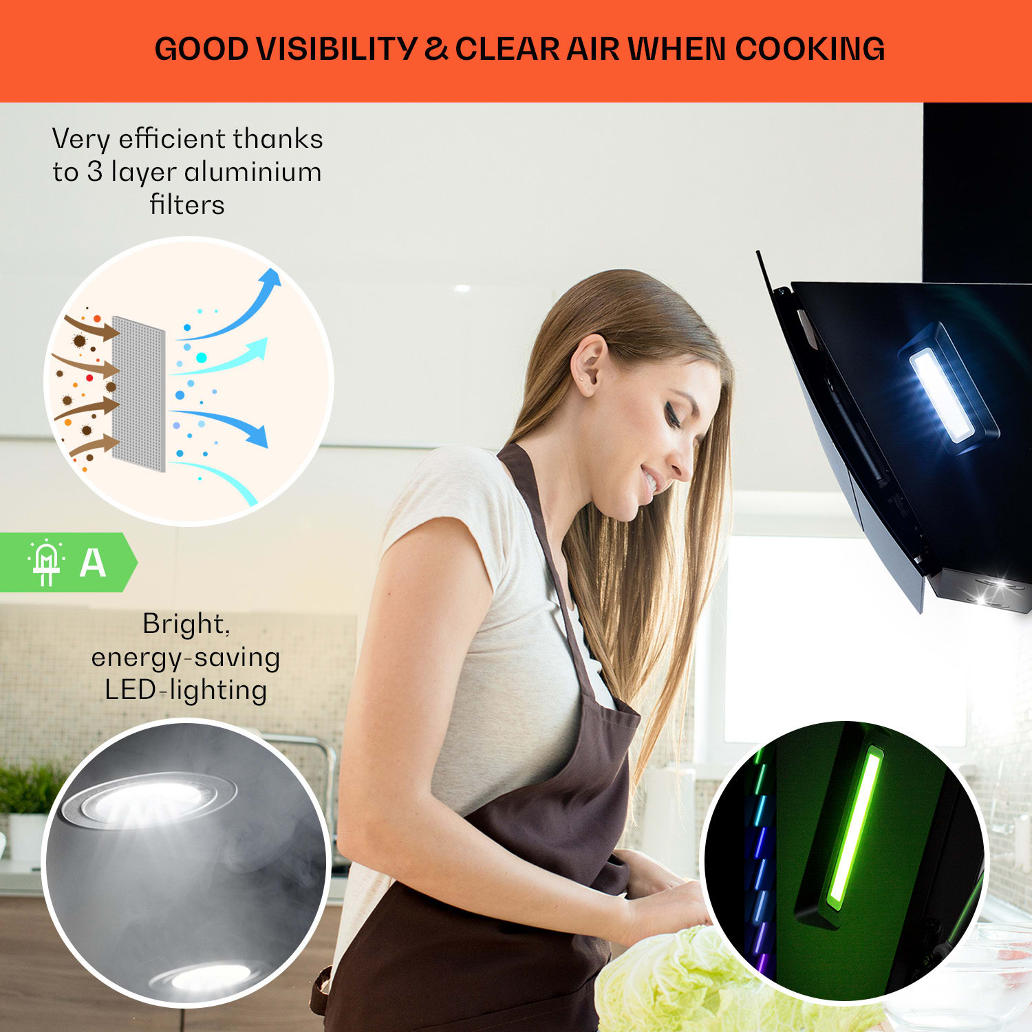 Klarstein Clara 90, digestor, 509 m³/h, dotykový displej, ambientné podsvietenie – Obrázok 4