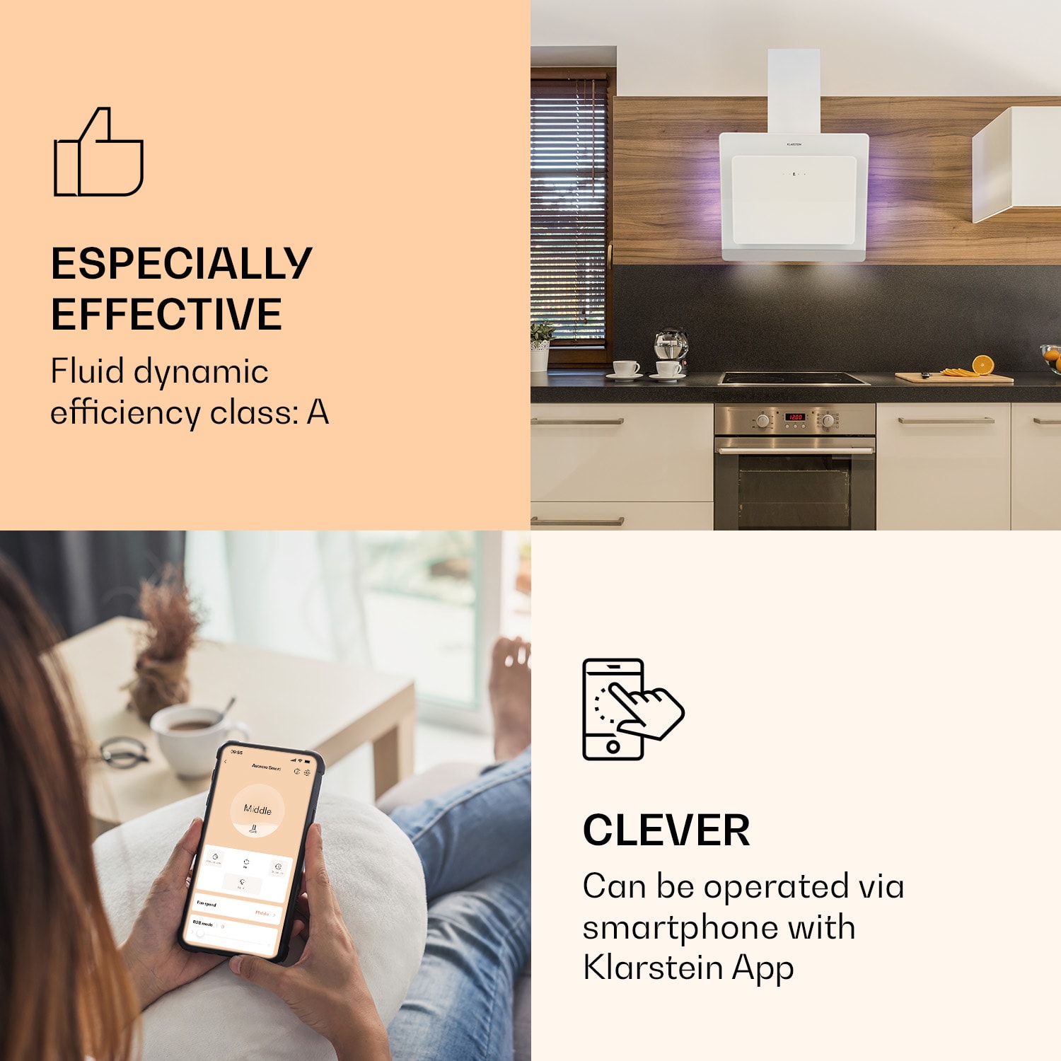 Klarstein Aurora 60 Smart, digestor, 60 cm, komínový, 550 m³/h, LED podsvietenie, A++, biely – Obrázok 3