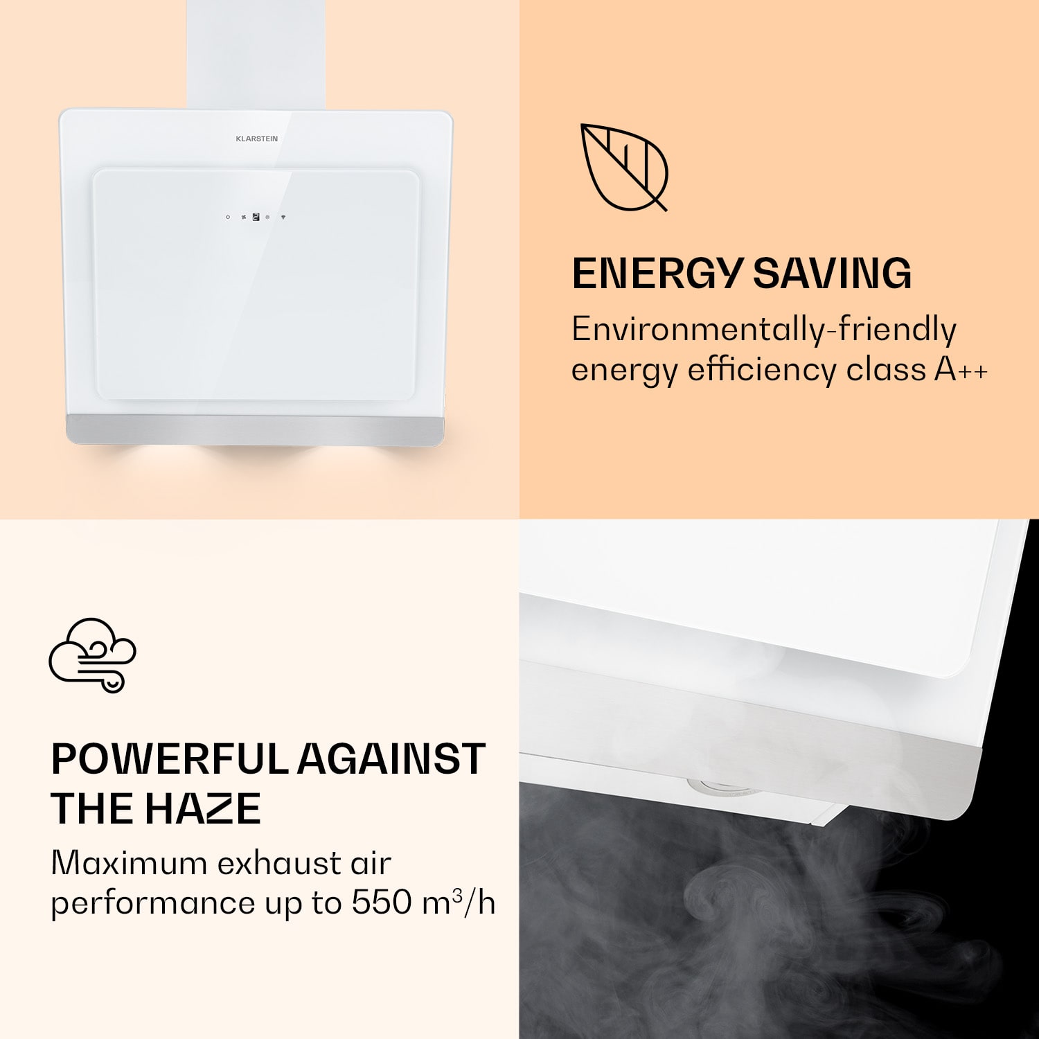 Klarstein Aurora 60 Smart, digestor, 60 cm, komínový, 550 m³/h, LED podsvietenie, A++, biely – Obrázok 4