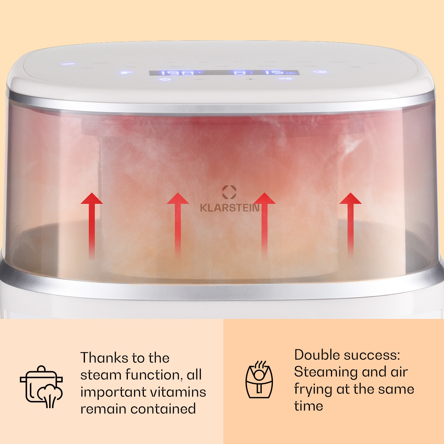 Klarstein Air Bloom, teplovzdušná fritéza, 1500 W, 7,5 l, 16 programov, s funkciou naparovania – Obrázok 2