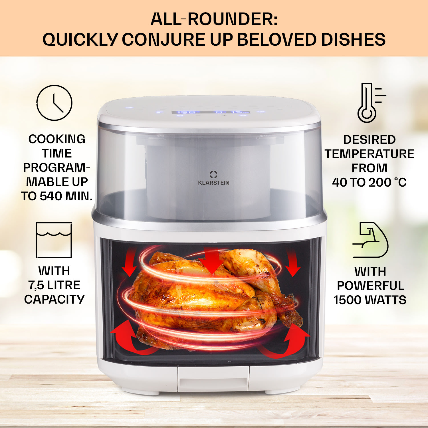 Klarstein Air Bloom, teplovzdušná fritéza, 1500 W, 7,5 l, 16 programov, s funkciou naparovania – Obrázok 3