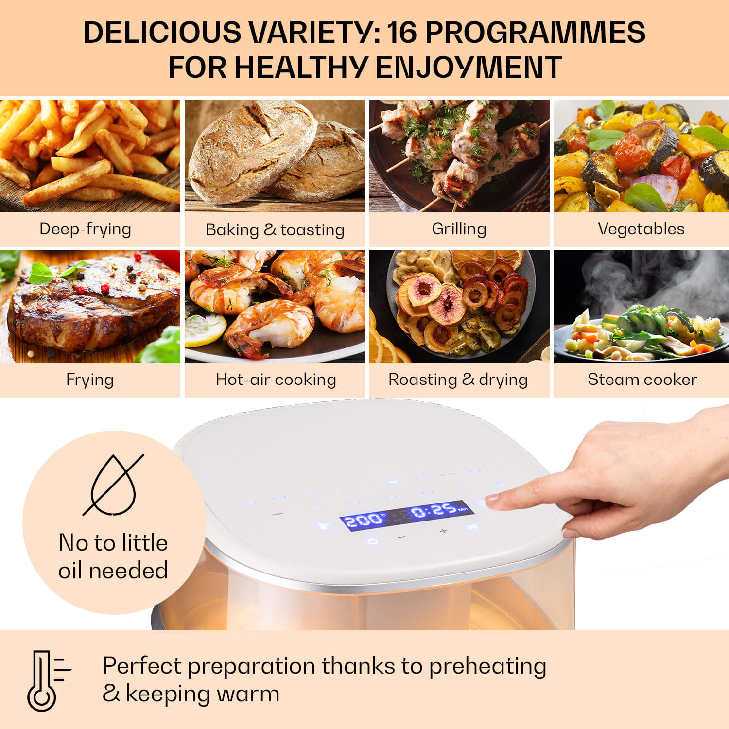 Klarstein Air Bloom, teplovzdušná fritéza, 1500 W, 7,5 l, 16 programov, s funkciou naparovania – Obrázok 4