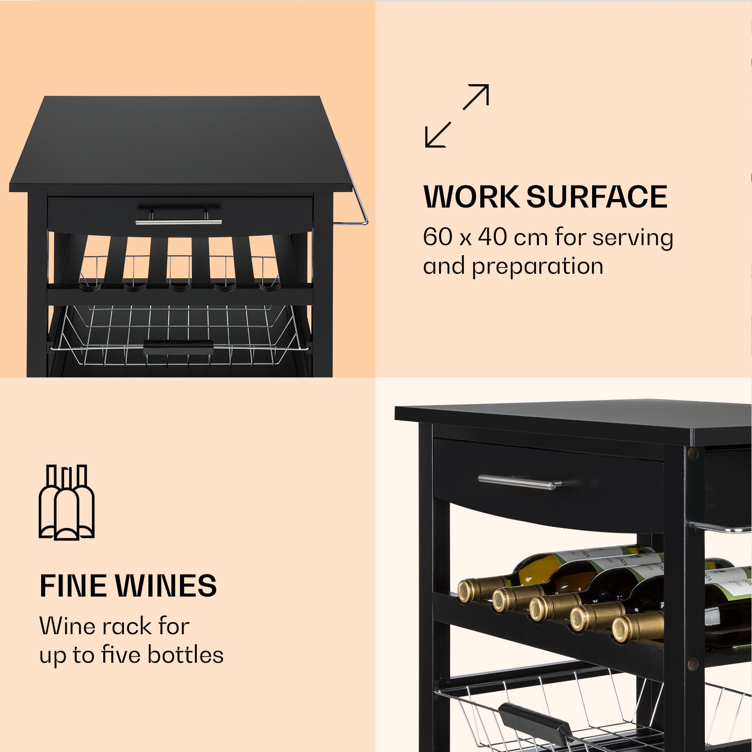 Klarstein Louisiana, servírovací vozík, kuchynský vozík, 5 poschodí, drevený držiak na utierky, mobilný – Obrázok 3