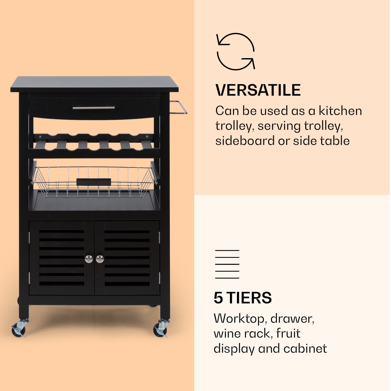 Klarstein Louisiana, servírovací vozík, kuchynský vozík, 5 poschodí, drevený držiak na utierky, mobilný – Obrázok 4