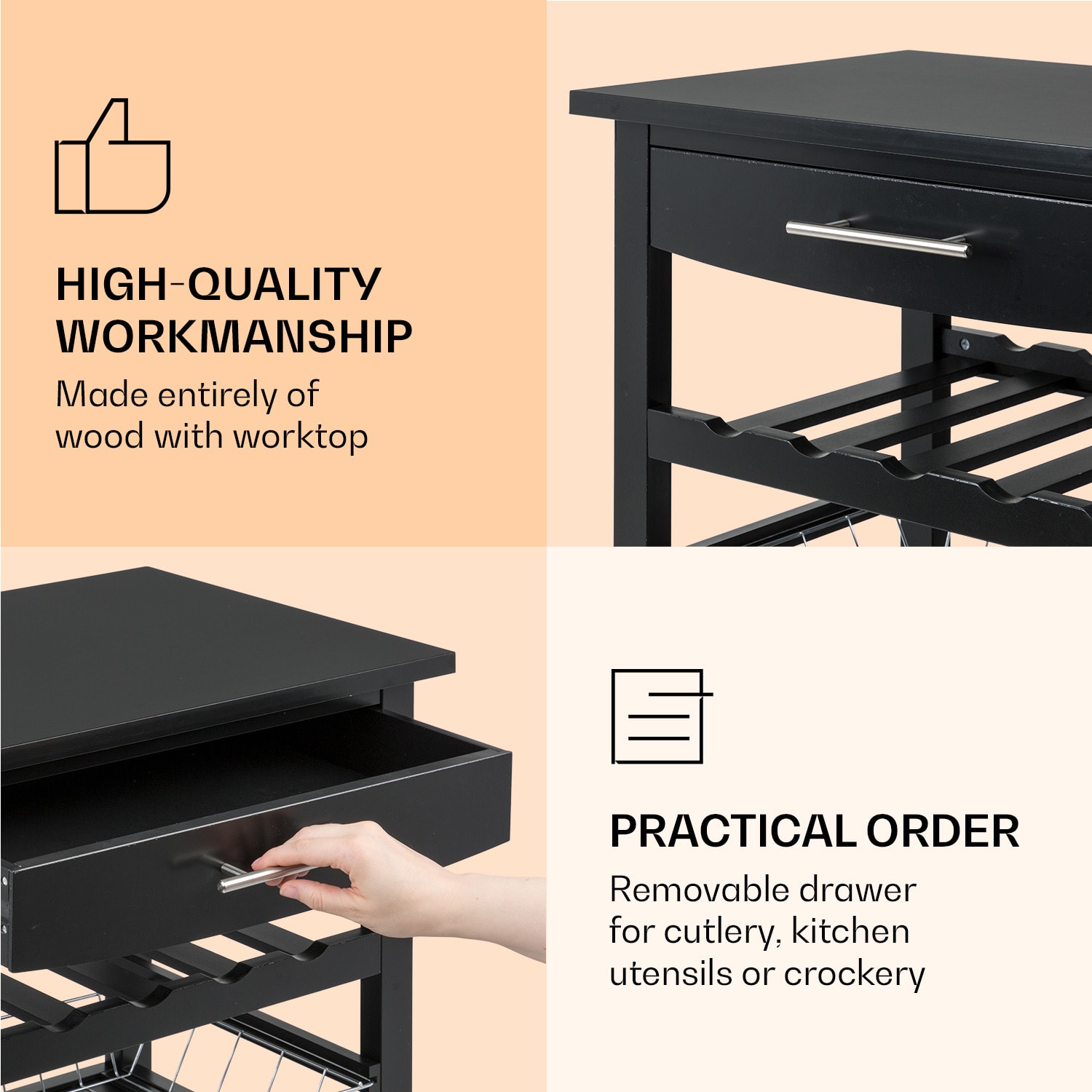 Klarstein Louisiana, servírovací vozík, kuchynský vozík, 5 poschodí, drevený držiak na utierky, mobilný – Obrázok 5