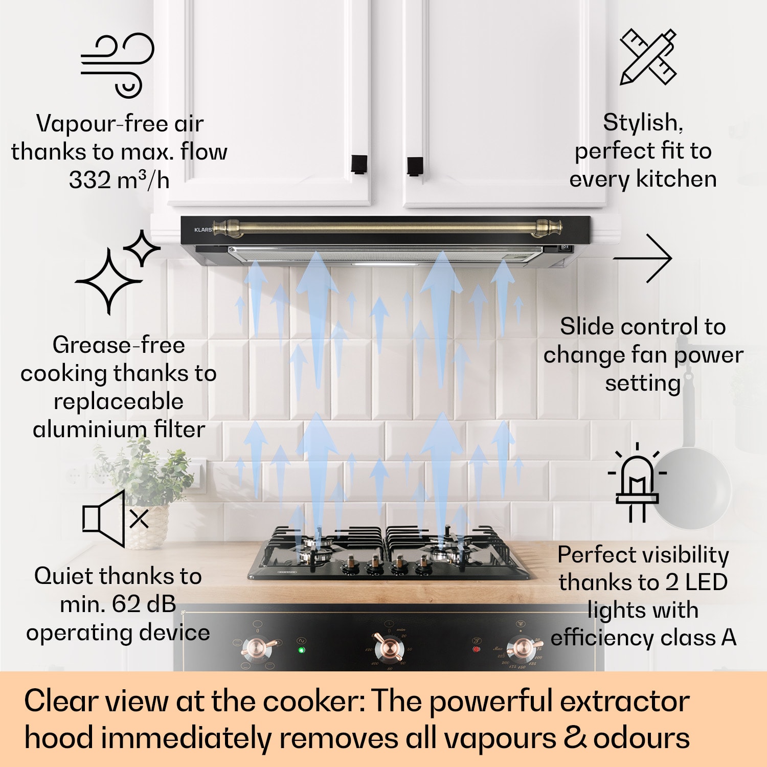 Klarstein Vilhelmine 60 Retro, digestor, 60 cm, vstavaný, 332 m³/h, B, LED, čierny – Obrázok 2