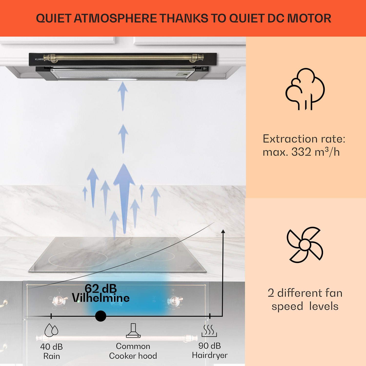 Klarstein Vilhelmine 60 Retro, digestor, 60 cm, vstavaný, 332 m³/h, B, LED, čierny – Obrázok 3