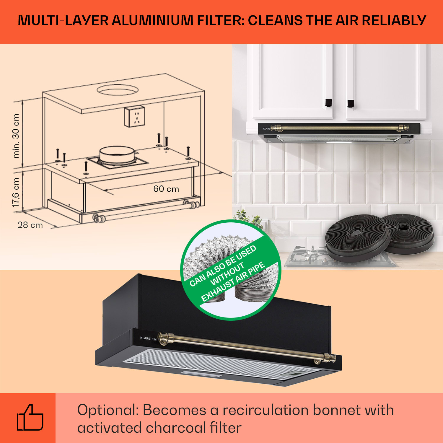 Klarstein Vilhelmine 60 Retro, digestor, 60 cm, vstavaný, 332 m³/h, B, LED, čierny – Obrázok 5