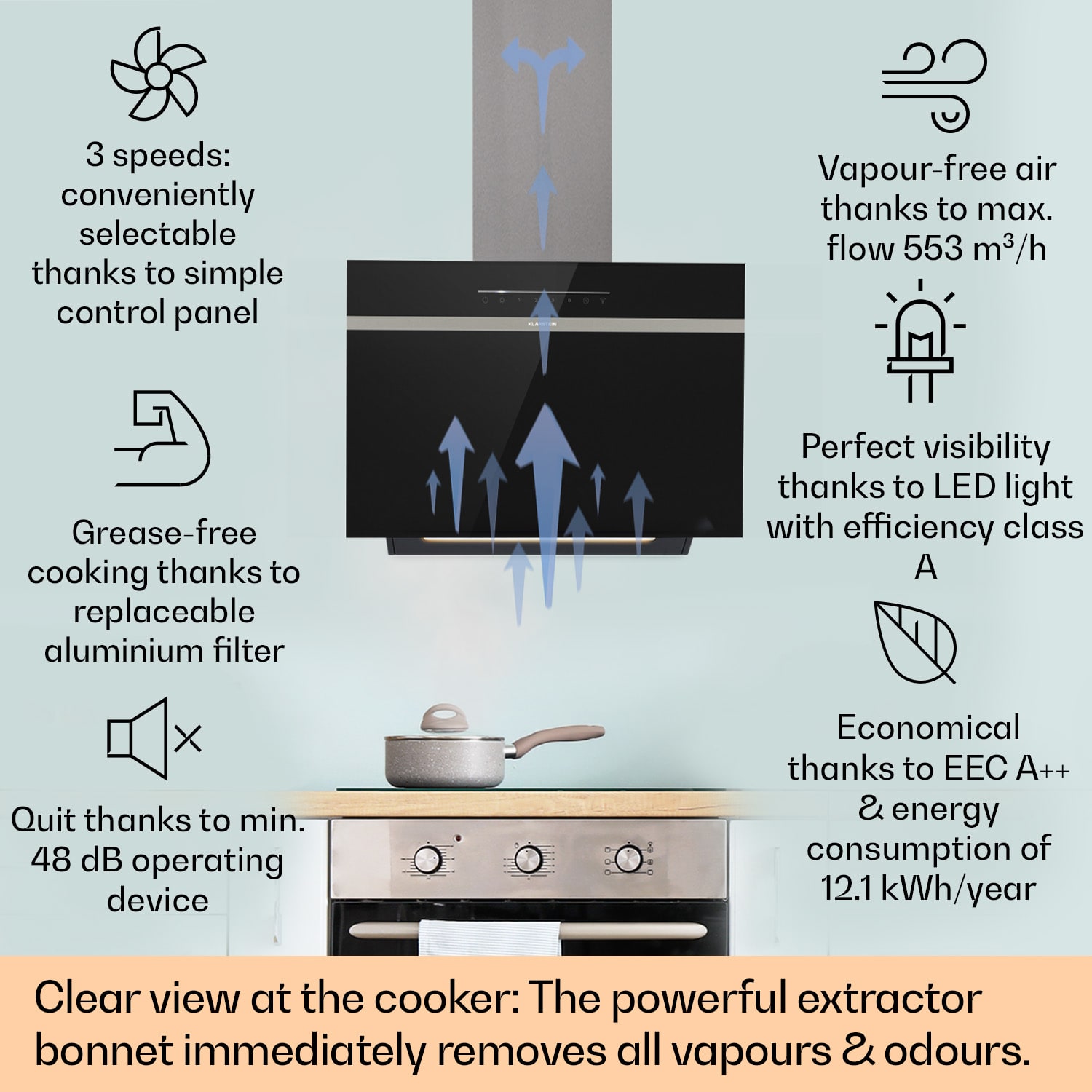 Klarstein Ava 60 Smart, digestor, 60cm, nástenný, WiFi, A++, 515 m³/h, dotykový displej – Obrázok 2