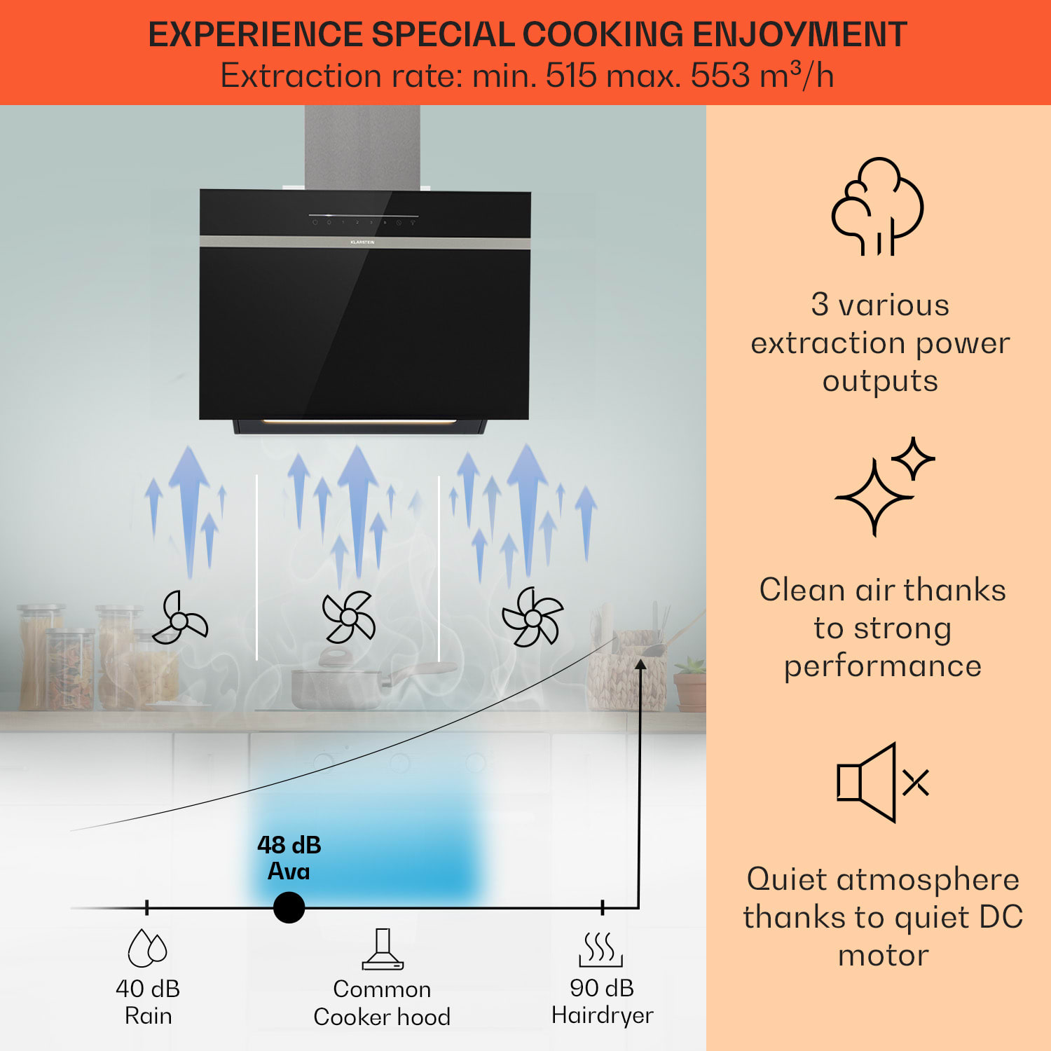 Klarstein Ava 60 Smart, digestor, 60cm, nástenný, WiFi, A++, 515 m³/h, dotykový displej – Obrázok 3