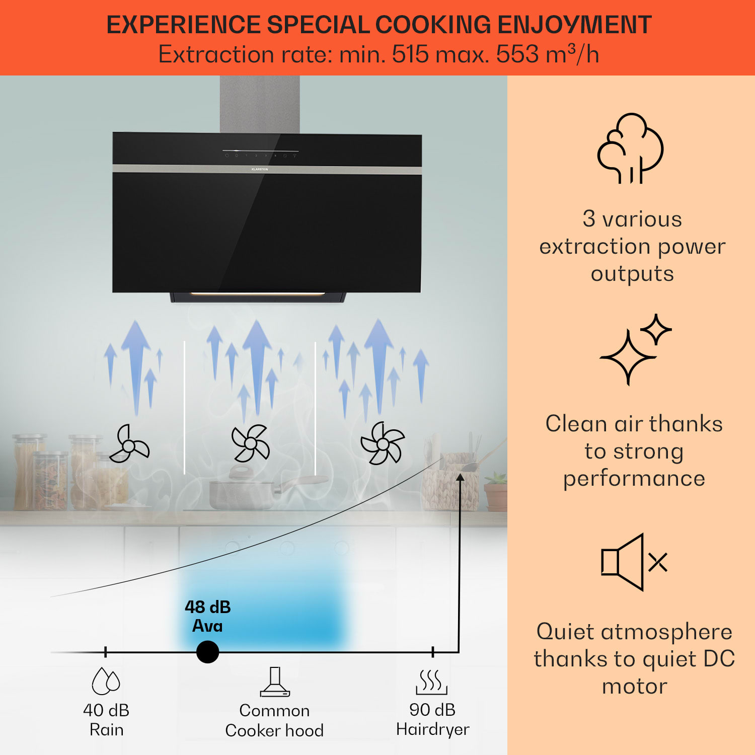 Klarstein Ava 90 Smart, digestor, 90 cm, nástenný, WiFi, A++, 515 m³/h, dotykový displej – Obrázok 3