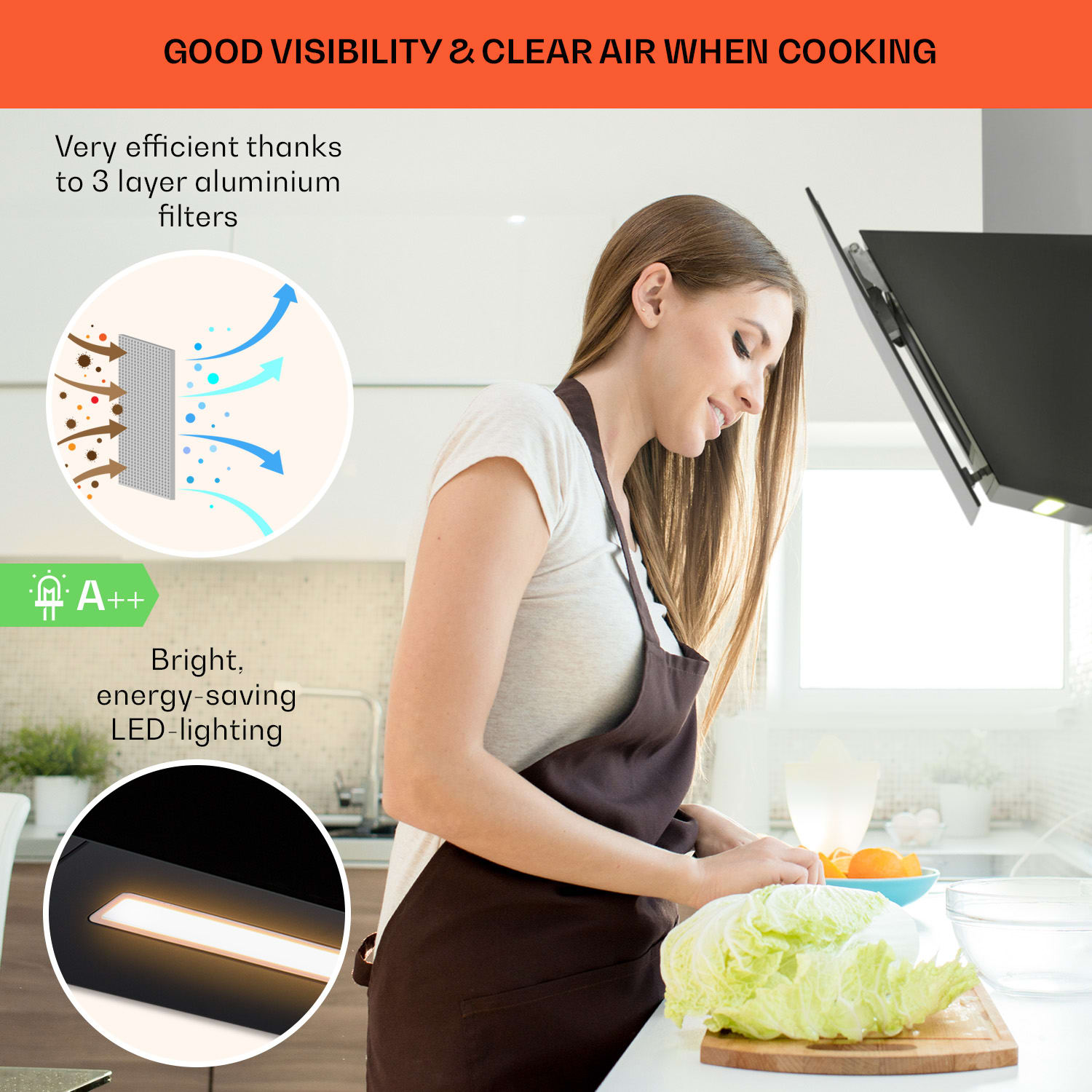 Klarstein Ava 90 Smart, digestor, 90 cm, nástenný, WiFi, A++, 515 m³/h, dotykový displej – Obrázok 4