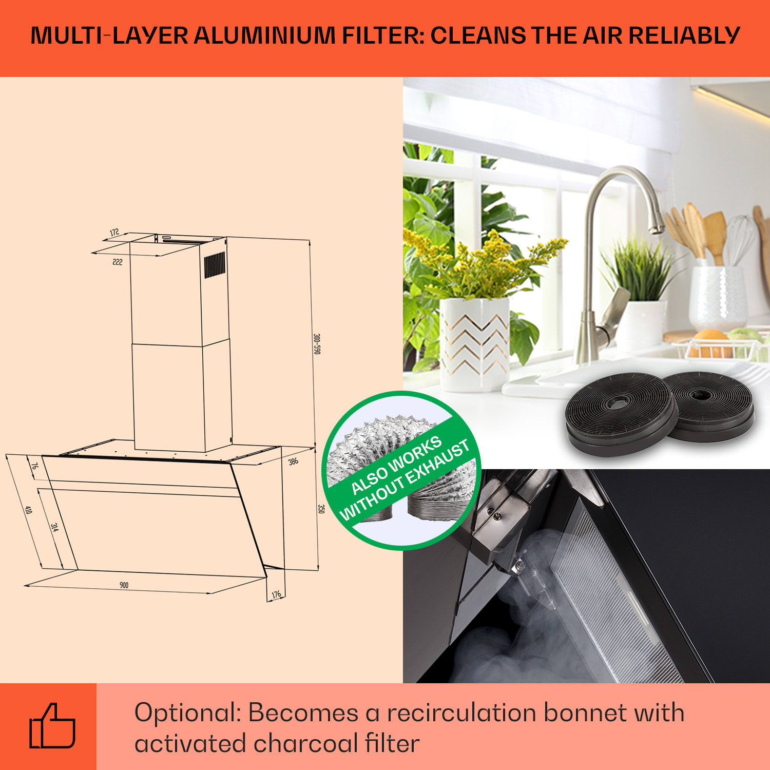 Klarstein Ava 90 Smart, digestor, 90 cm, nástenný, WiFi, A++, 515 m³/h, dotykový displej – Obrázok 5