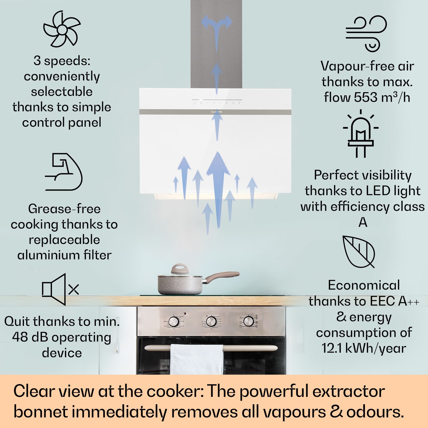 Klarstein Ava 60 Smart, digestor, 60cm, nástenný, WiFi, A++, 515 m³/h, dotykový displej – Obrázok 2
