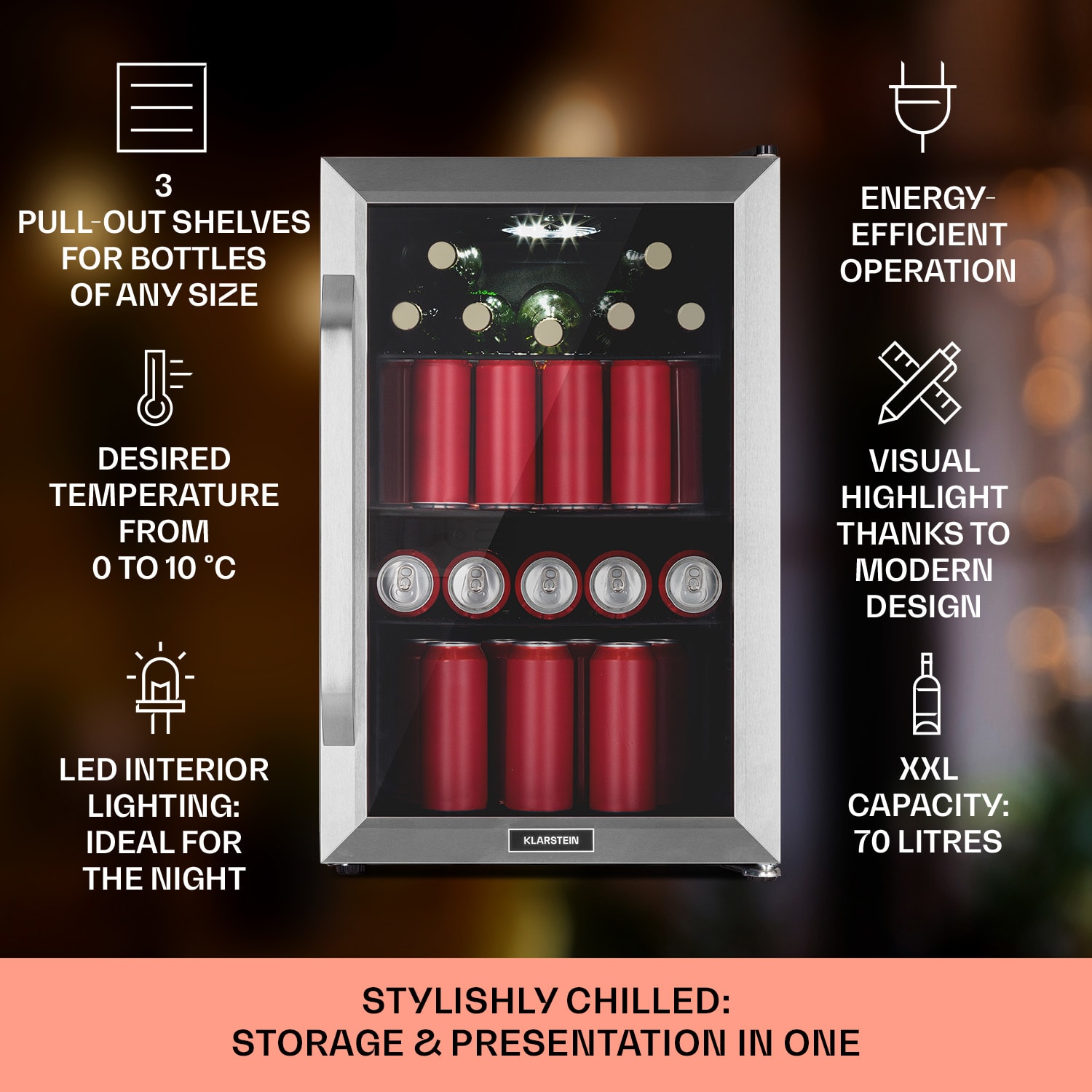 Klarstein Beersafe 70 Craft Beer Edition, chladnička, 70 l, 3 police, panoramatické sklenené dvere, nehrdzavejúca oceľ – Obrázok 2