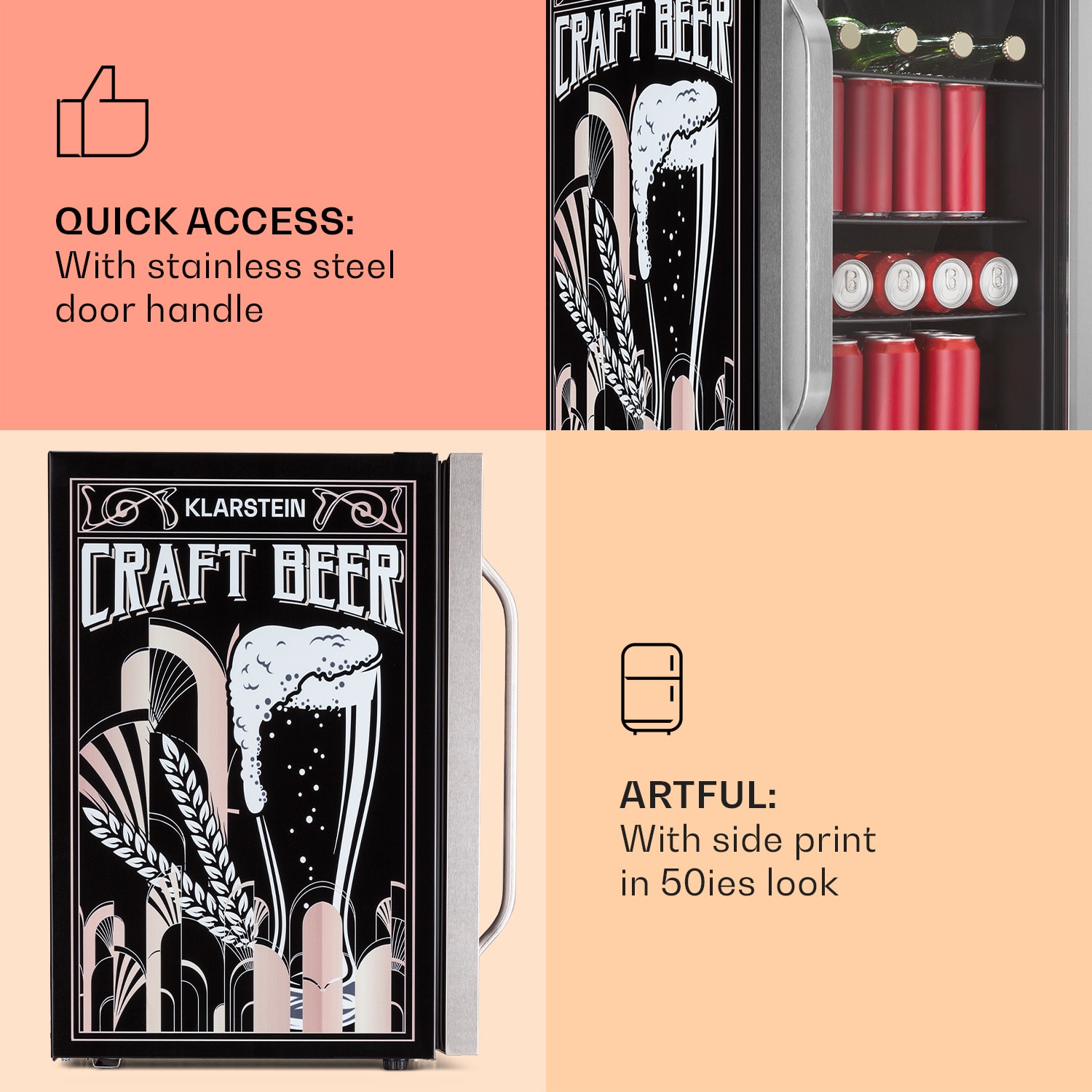 Klarstein Beersafe 70 Craft Beer Edition, chladnička, 70 l, 3 police, panoramatické sklenené dvere, nehrdzavejúca oceľ – Obrázok 4