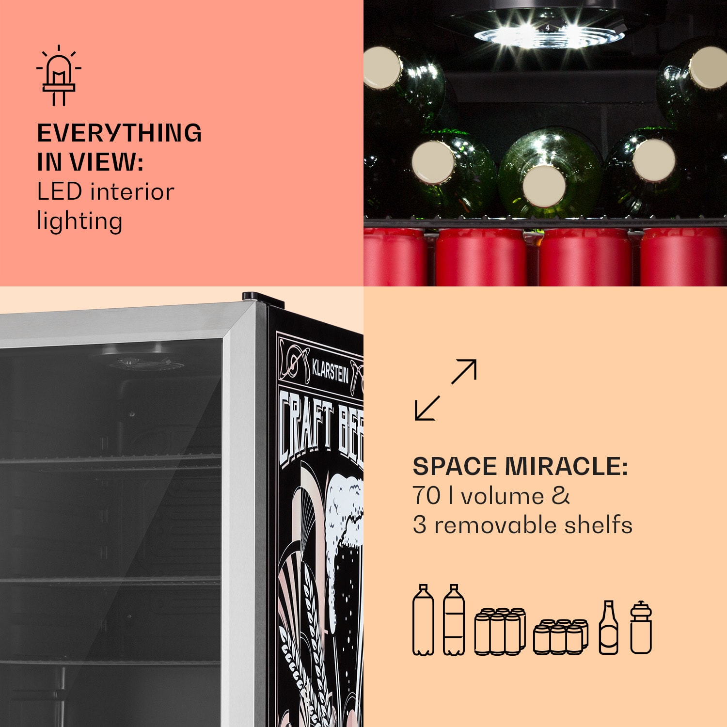 Klarstein Beersafe 70 Craft Beer Edition, chladnička, 70 l, 3 police, panoramatické sklenené dvere, nehrdzavejúca oceľ – Obrázok 5