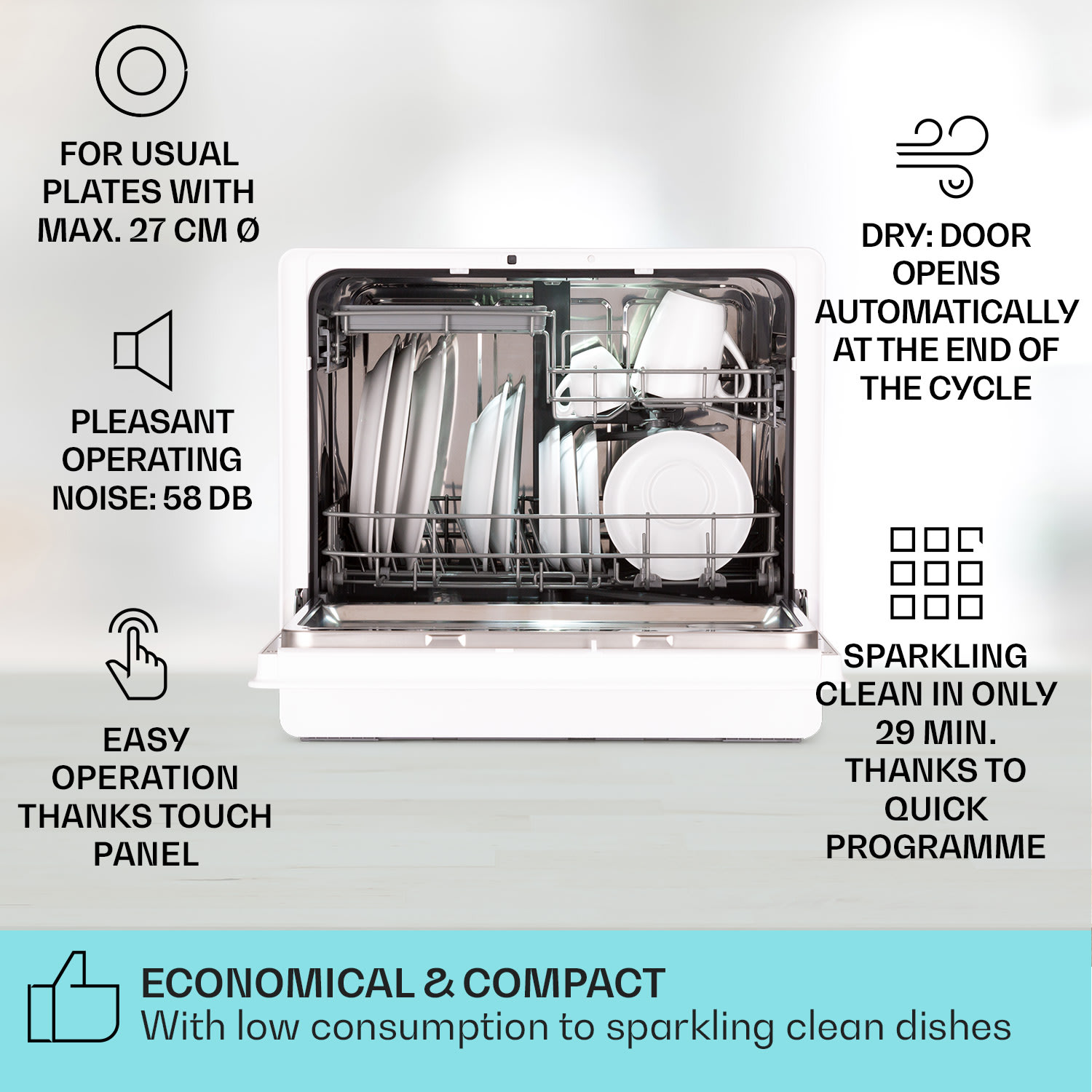 Klarstein Emerald 5 Slim, umývačka riadu, voľne stojaca, 7 programov, dotykové ovládanie – Obrázok 2