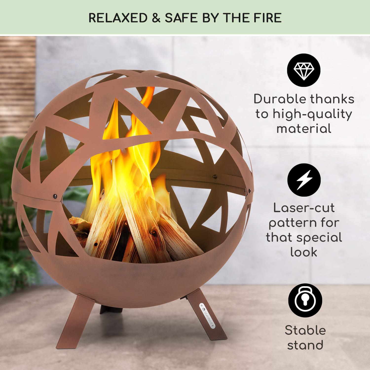 Blumfeldt Colima, ohnisko, Ø 66 cm, guľovitý tvar, rošt na drevené uhlie, popolník – Obrázok 2