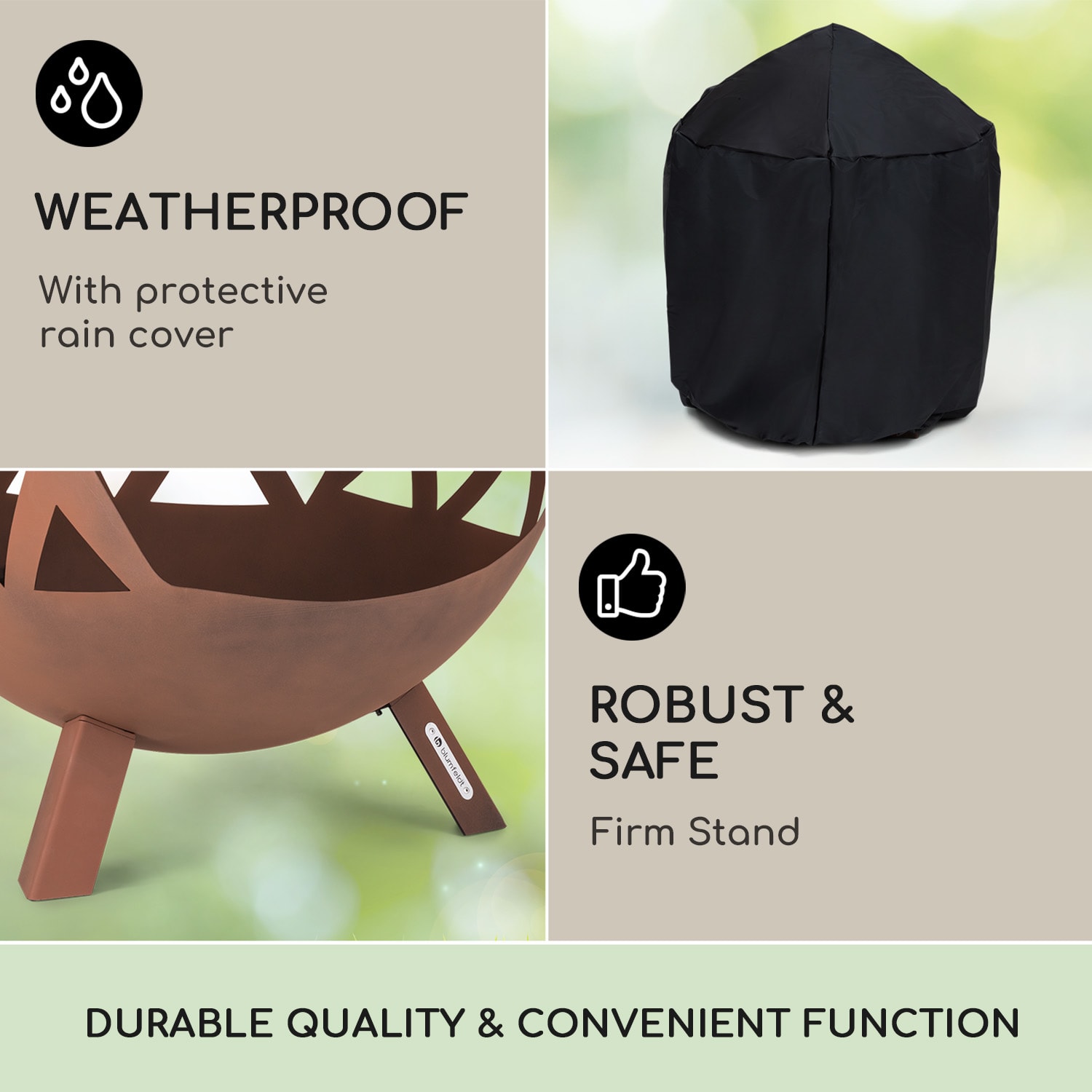 Blumfeldt Colima, ohnisko, Ø 66 cm, guľovitý tvar, rošt na drevené uhlie, popolník – Obrázok 3