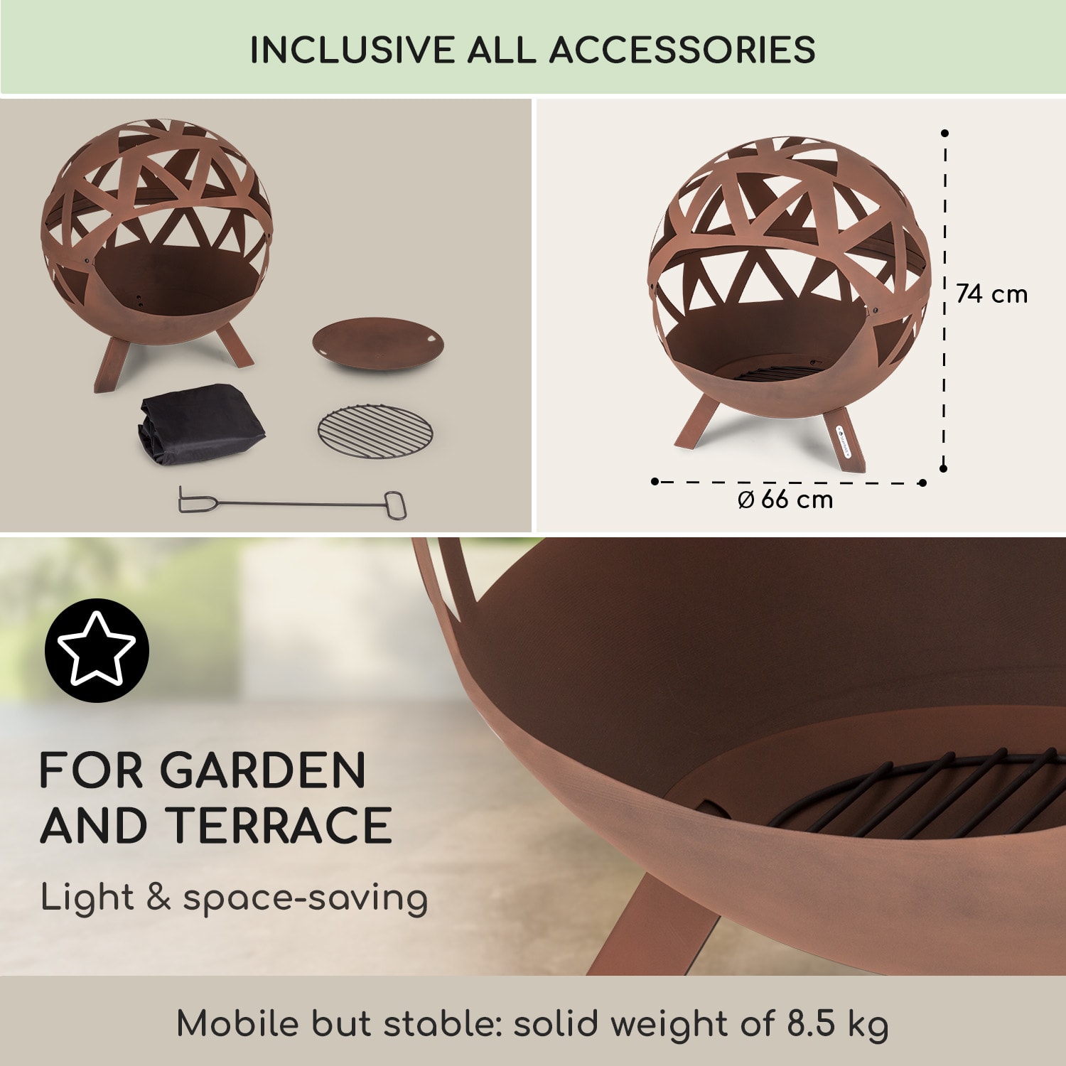 Blumfeldt Colima, ohnisko, Ø 66 cm, guľovitý tvar, rošt na drevené uhlie, popolník – Obrázok 4