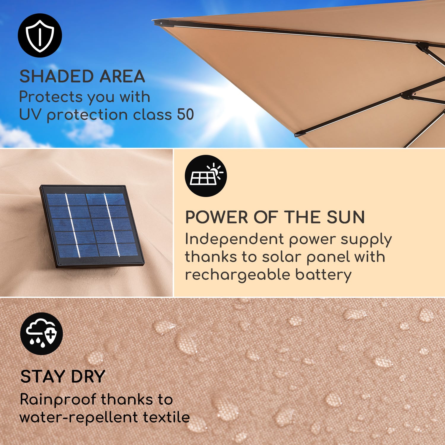 Blumfeldt Arles, slnečník, 300 x 300 cm, polyester, UV 50+, vodoodpudivý, LED svetlo – Obrázok 3