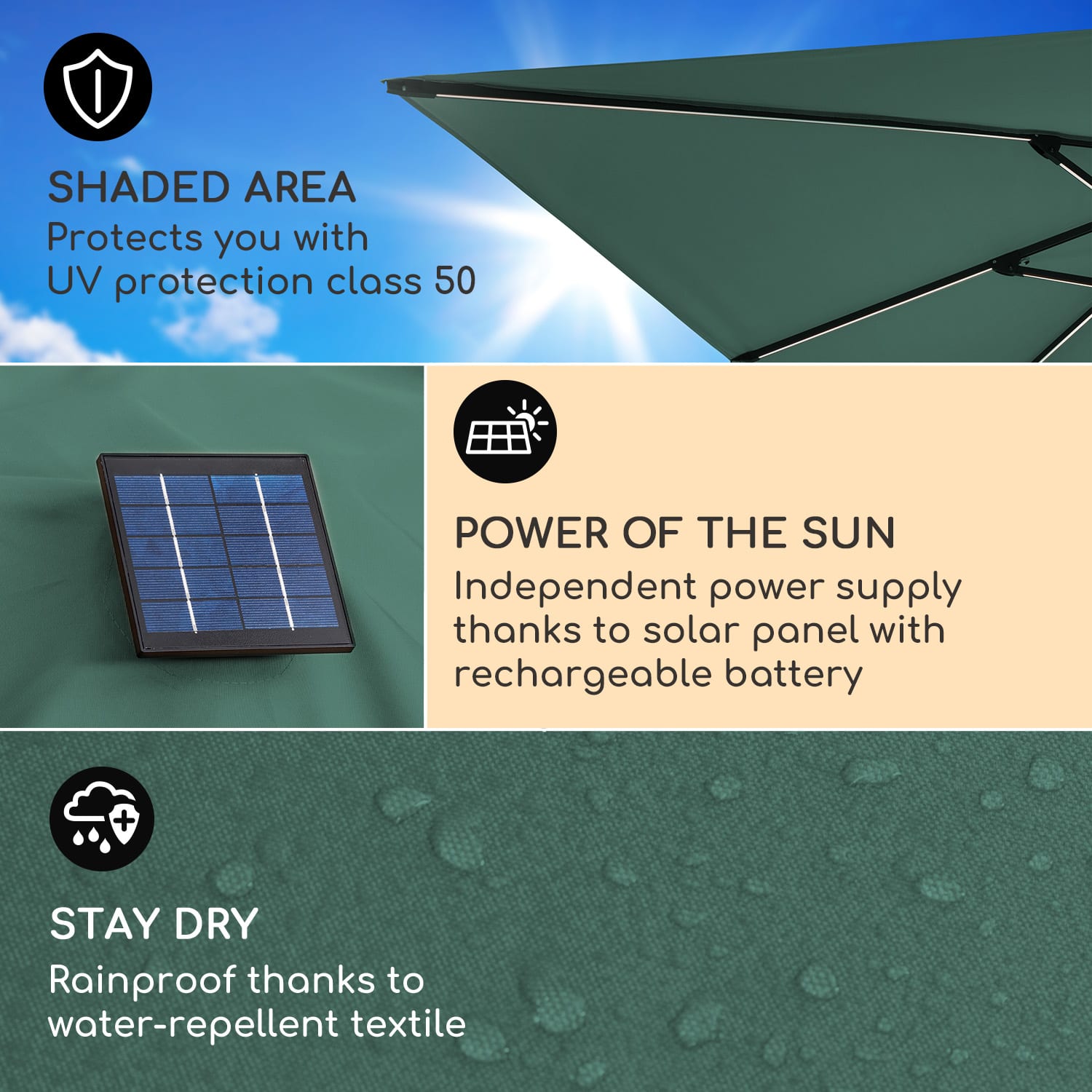 Blumfeldt Arles, slnečník, 300 x 300 cm, polyester, UV 50+, vodoodpudivý, LED svetlo – Obrázok 3