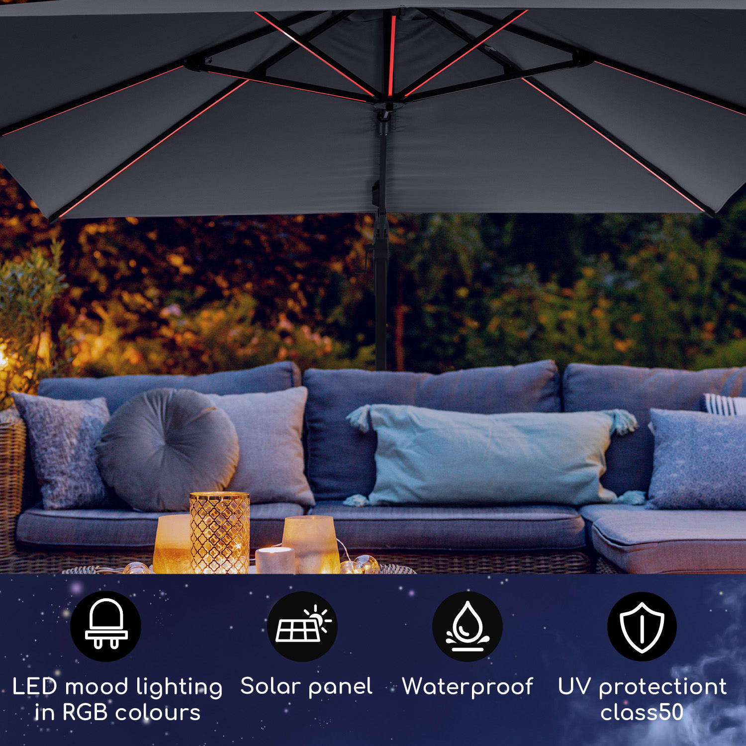 Blumfeldt Arles, slnečník, 300 x 300 cm, polyester, UV 50+, vodoodpudivý, LED svetlo – Obrázok 2