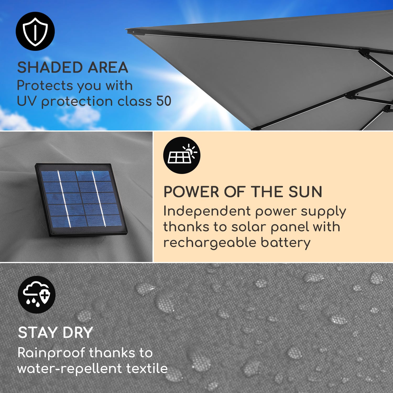 Blumfeldt Arles, slnečník, 300 x 300 cm, polyester, UV 50+, vodoodpudivý, LED svetlo – Obrázok 3