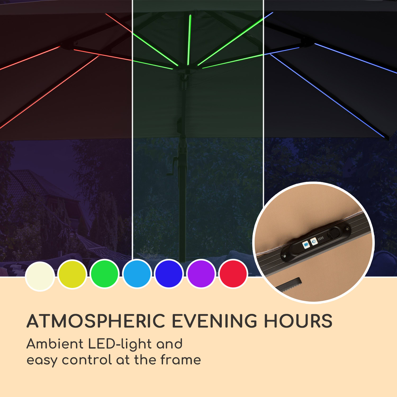 Blumfeldt Arles, slnečník, 300 x 300 cm, polyester, UV 50+, vodoodpudivý, LED svetlo – Obrázok 4