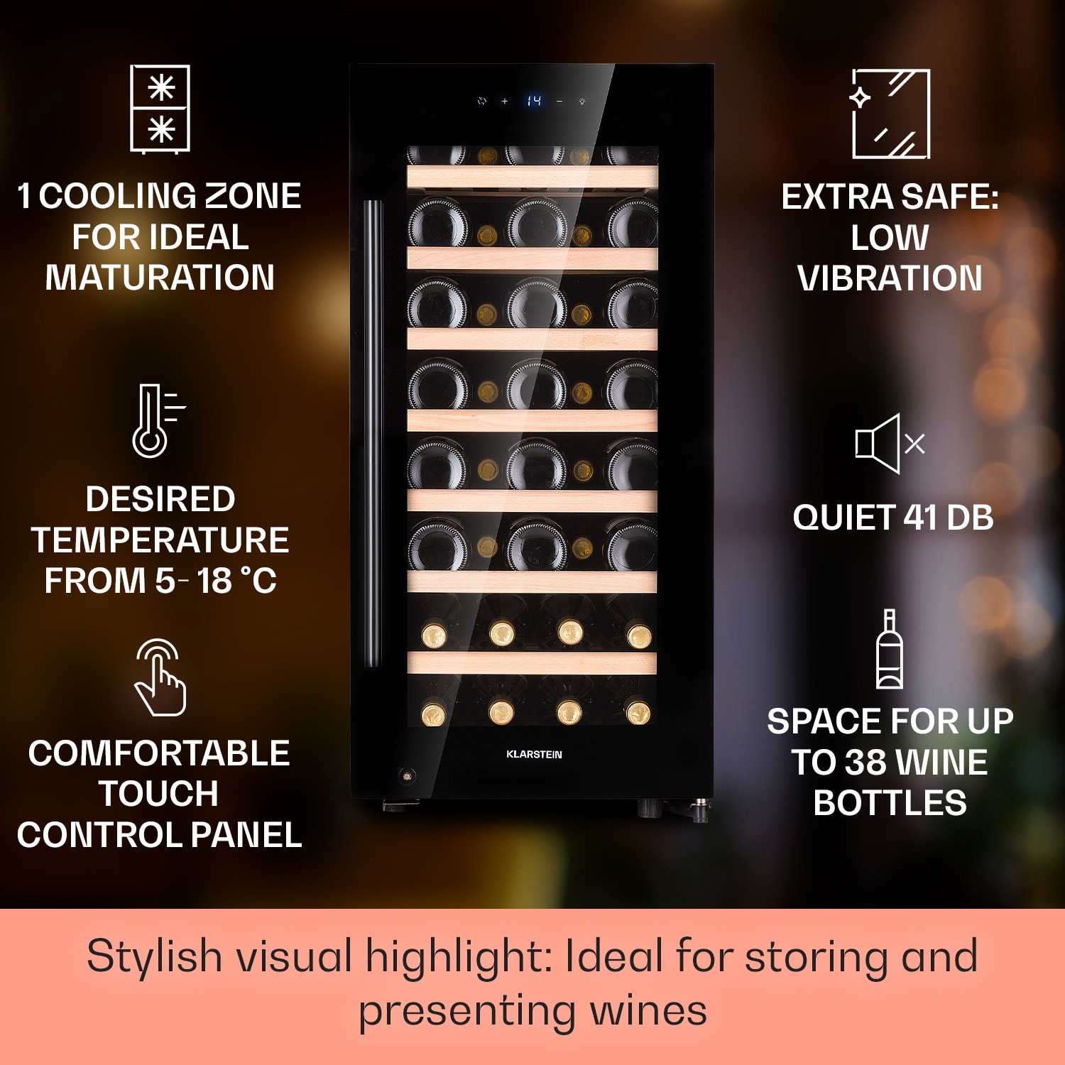 Klarstein Barossa 38 Uno, vinotéka, 94 l, 38 fliaš, 1 zóna, dotykový displej – Obrázok 2