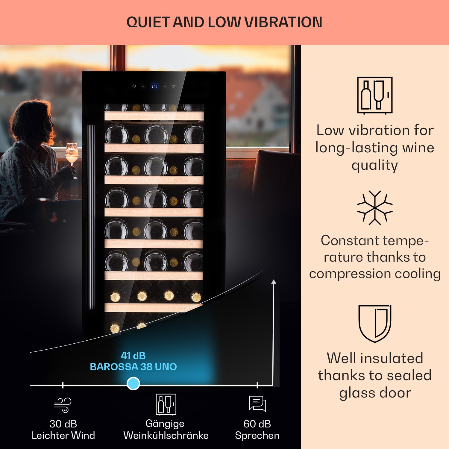 Klarstein Barossa 38 Uno, vinotéka, 94 l, 38 fliaš, 1 zóna, dotykový displej – Obrázok 4