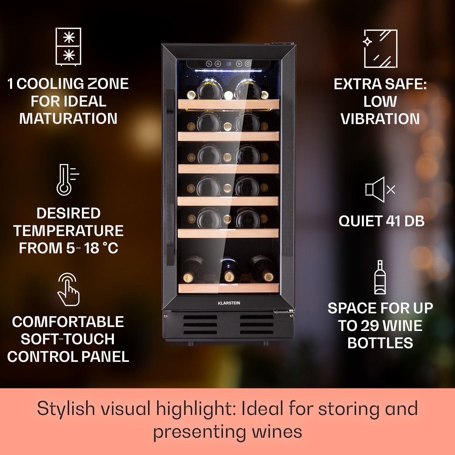 Klarstein Vinovilla 29 Built-In, vstavaná vinotéka, 81 l, 29 fliaš, 1 zóna, sklenené dvierka, nehrdzavejúca oceľ – Obrázok 2