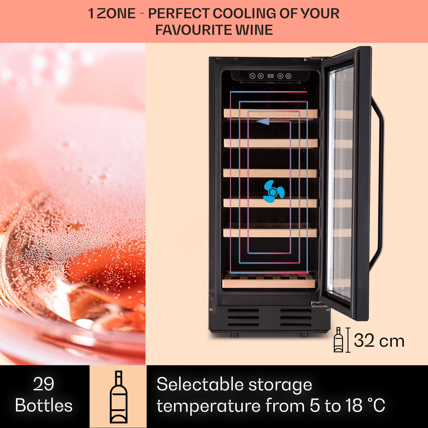 Klarstein Vinovilla 29 Built-In, vstavaná vinotéka, 81 l, 29 fliaš, 1 zóna, sklenené dvierka, nehrdzavejúca oceľ – Obrázok 3