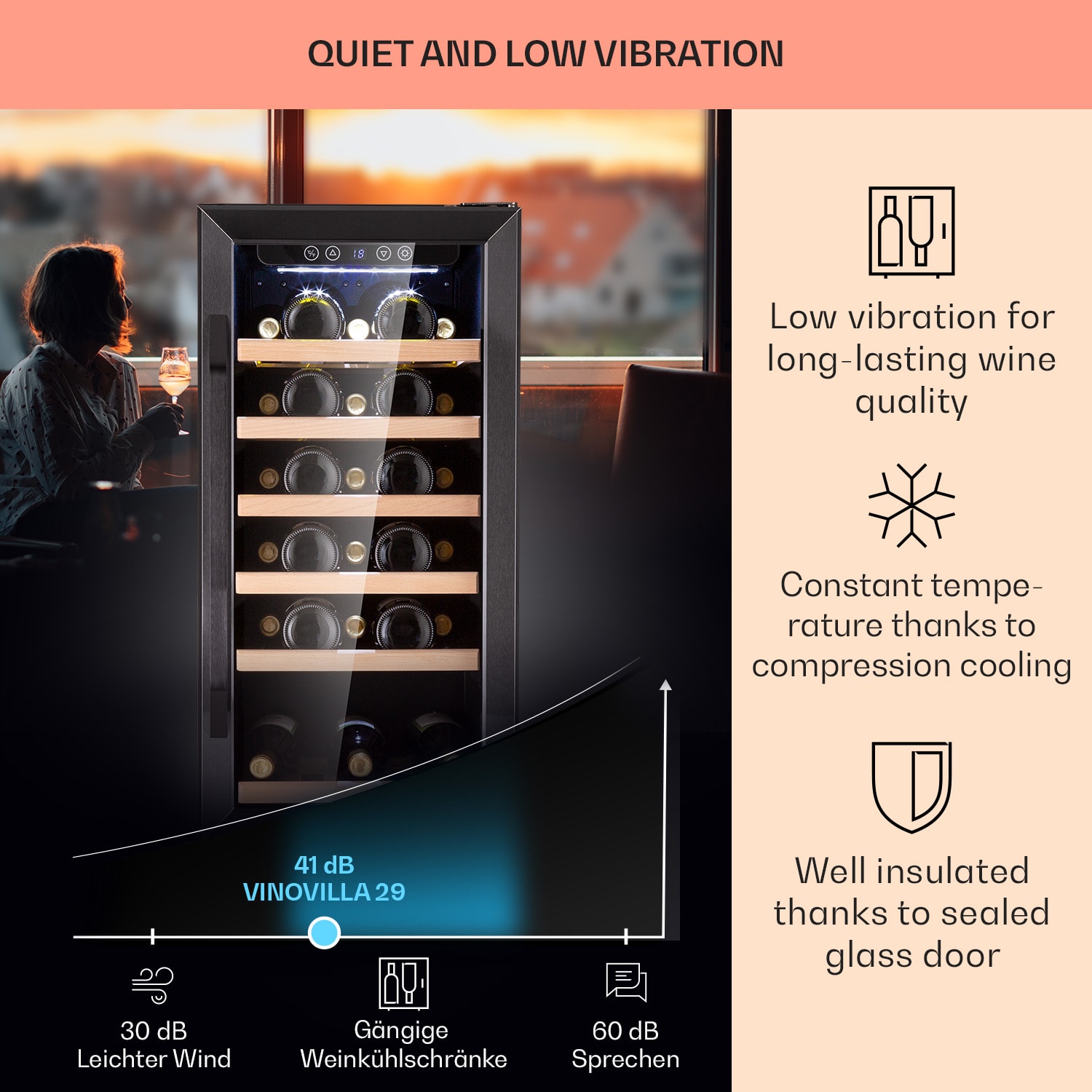 Klarstein Vinovilla 29 Built-In, vstavaná vinotéka, 81 l, 29 fliaš, 1 zóna, sklenené dvierka, nehrdzavejúca oceľ – Obrázok 4