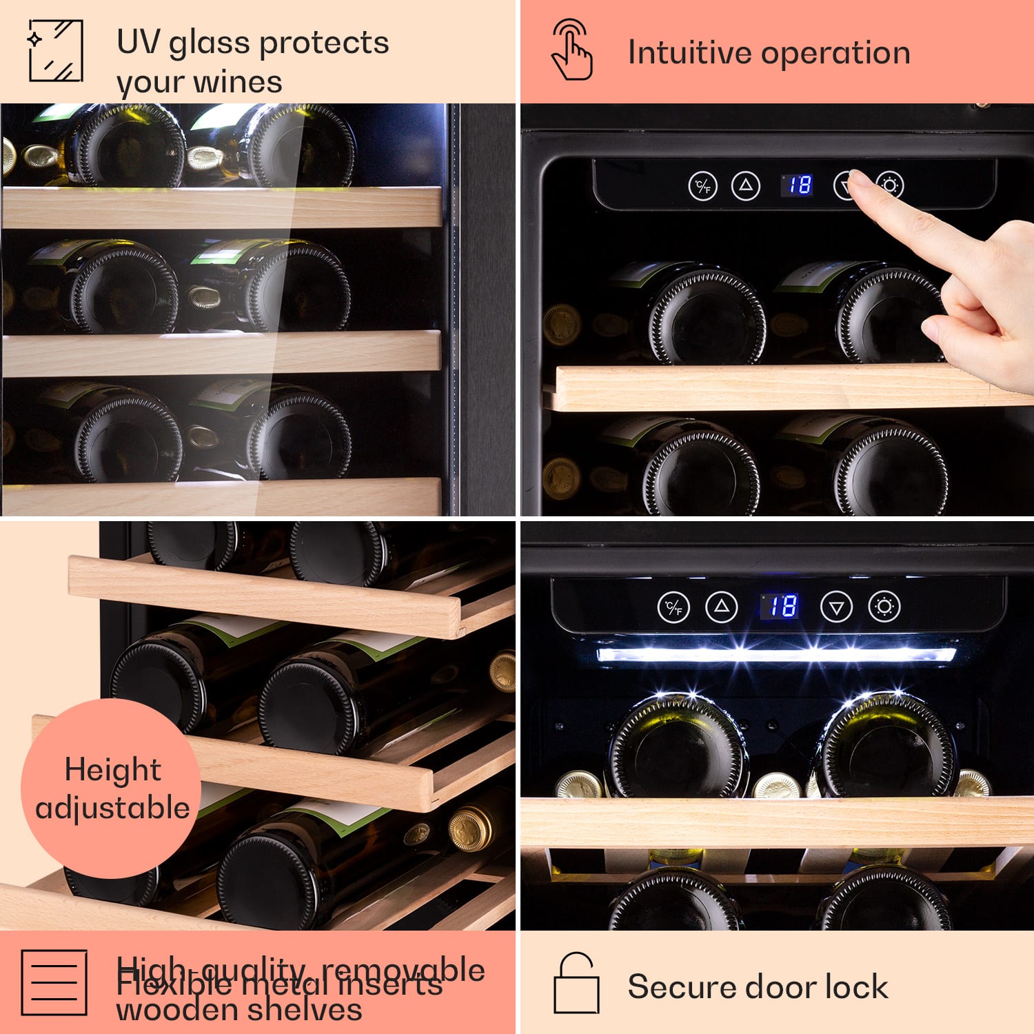 Klarstein Vinovilla 29 Built-In, vstavaná vinotéka, 81 l, 29 fliaš, 1 zóna, sklenené dvierka, nehrdzavejúca oceľ – Obrázok 5