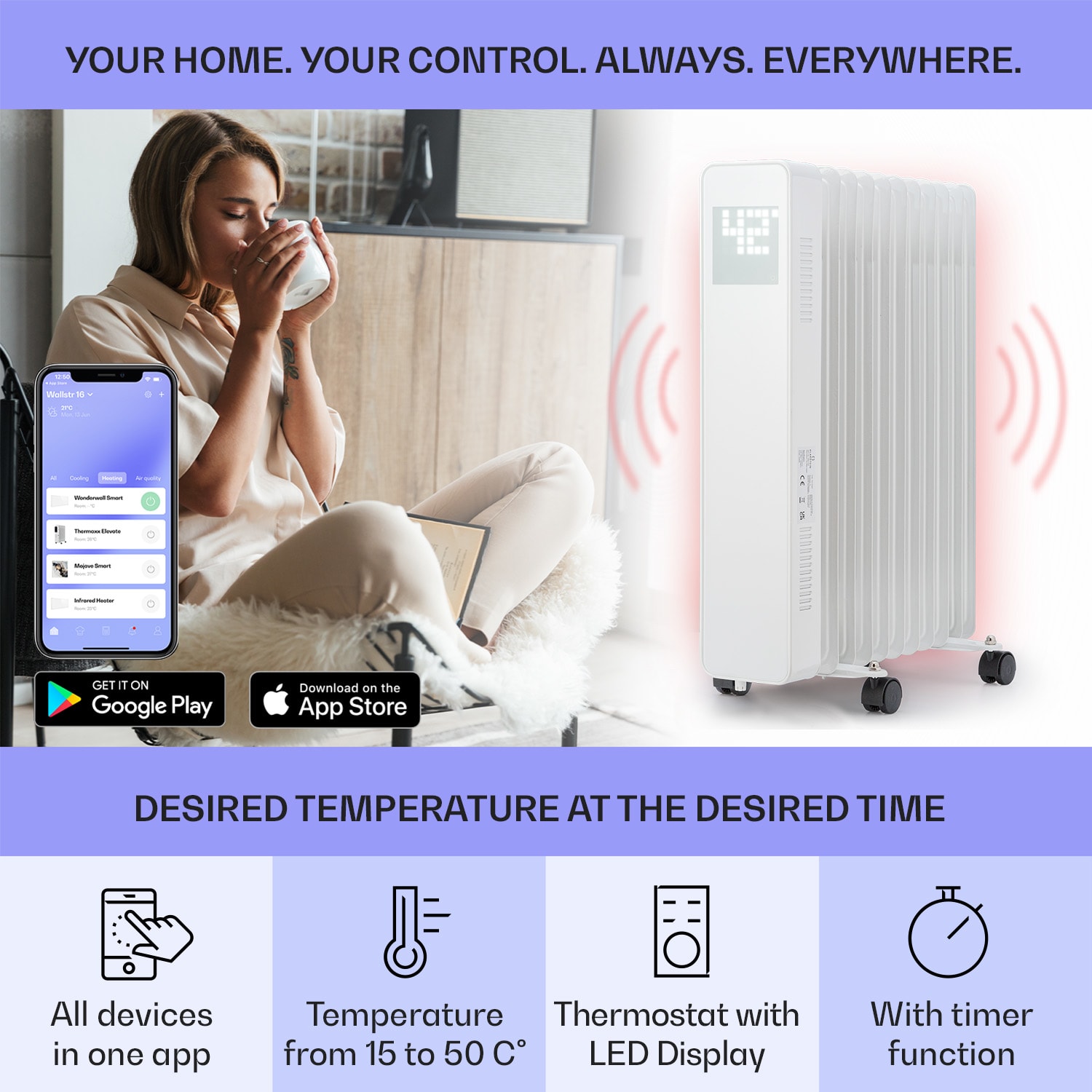 Sanford Smart, olejový radiátor, 2500 W, týždenný časovač, LED displej, dotykový panel, Klarstein aplikácia – Obrázok 3