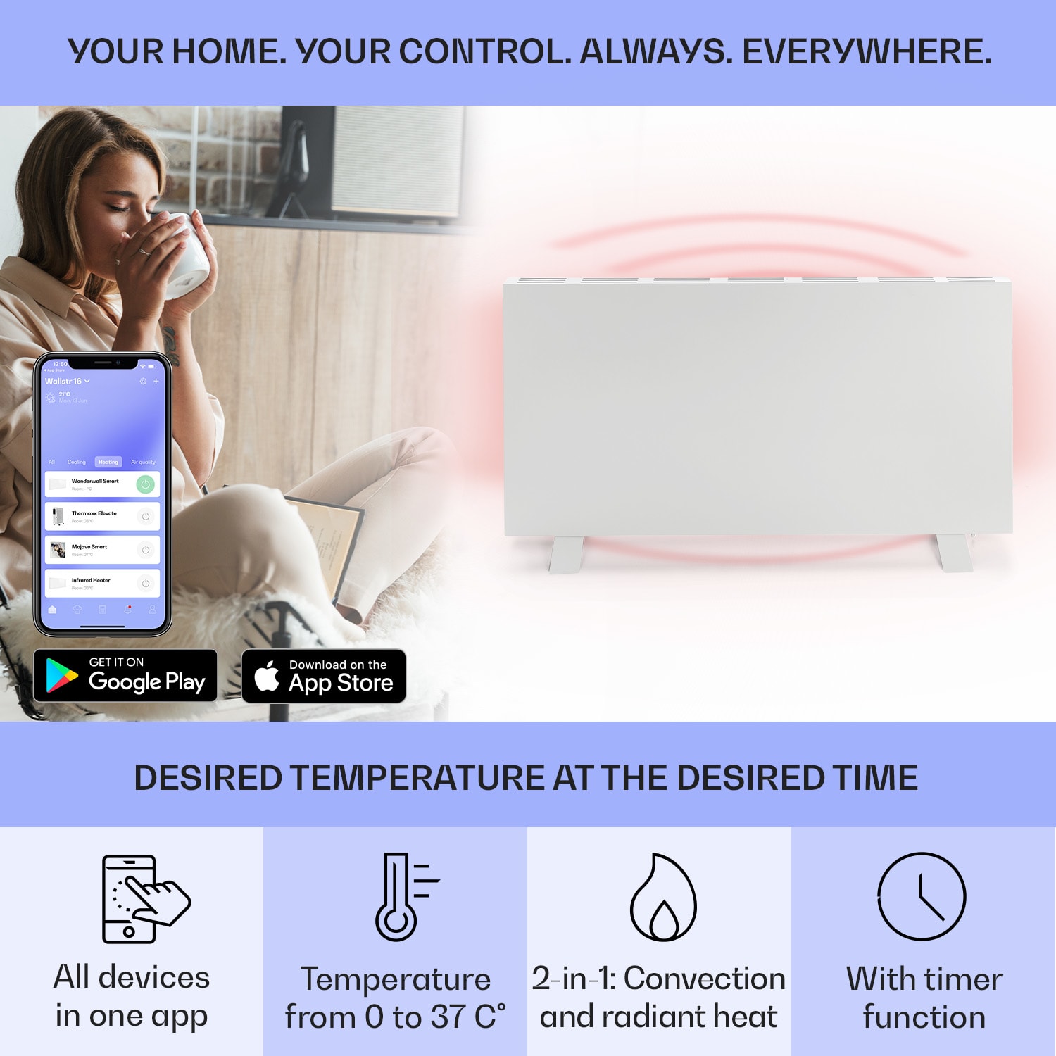 Klarstein Taal Smart, hybridný infračervený ohrievač, 105 x 56 cm, 750 W, týždenný časovač, IP24 – Obrázok 3