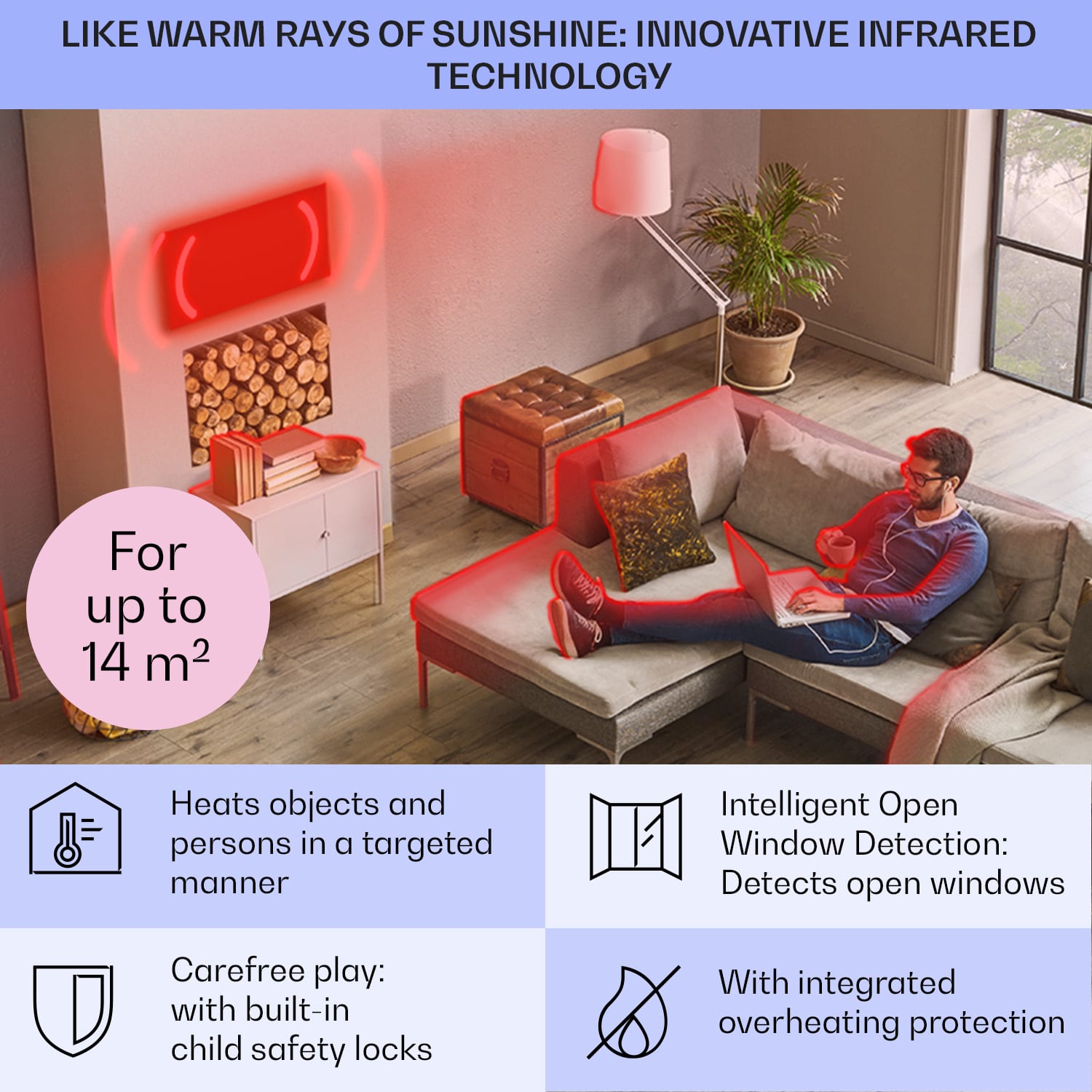 Klarstein Taal Smart, hybridný infračervený ohrievač, 105 x 56 cm, 750 W, týždenný časovač, IP24 – Obrázok 4