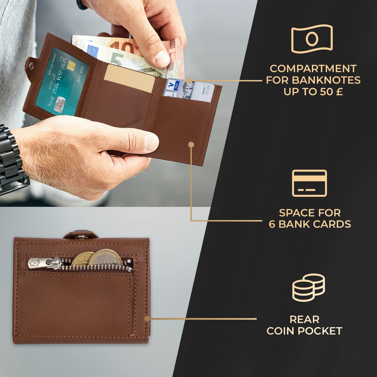 Slimpuro TRYO Trifold Airtag Wallet, 12 kariet, vrecko na mince, 9,2 x 2,2 x 7,5 cm (Š x V x H), ochrana RFID – Obrázok 2